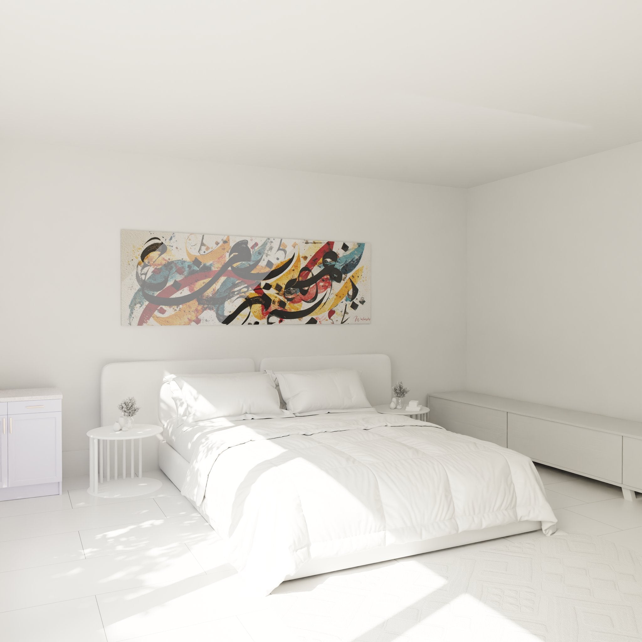 Tableau calligraphie abstraite décorant une chambre moderne avec style oriental