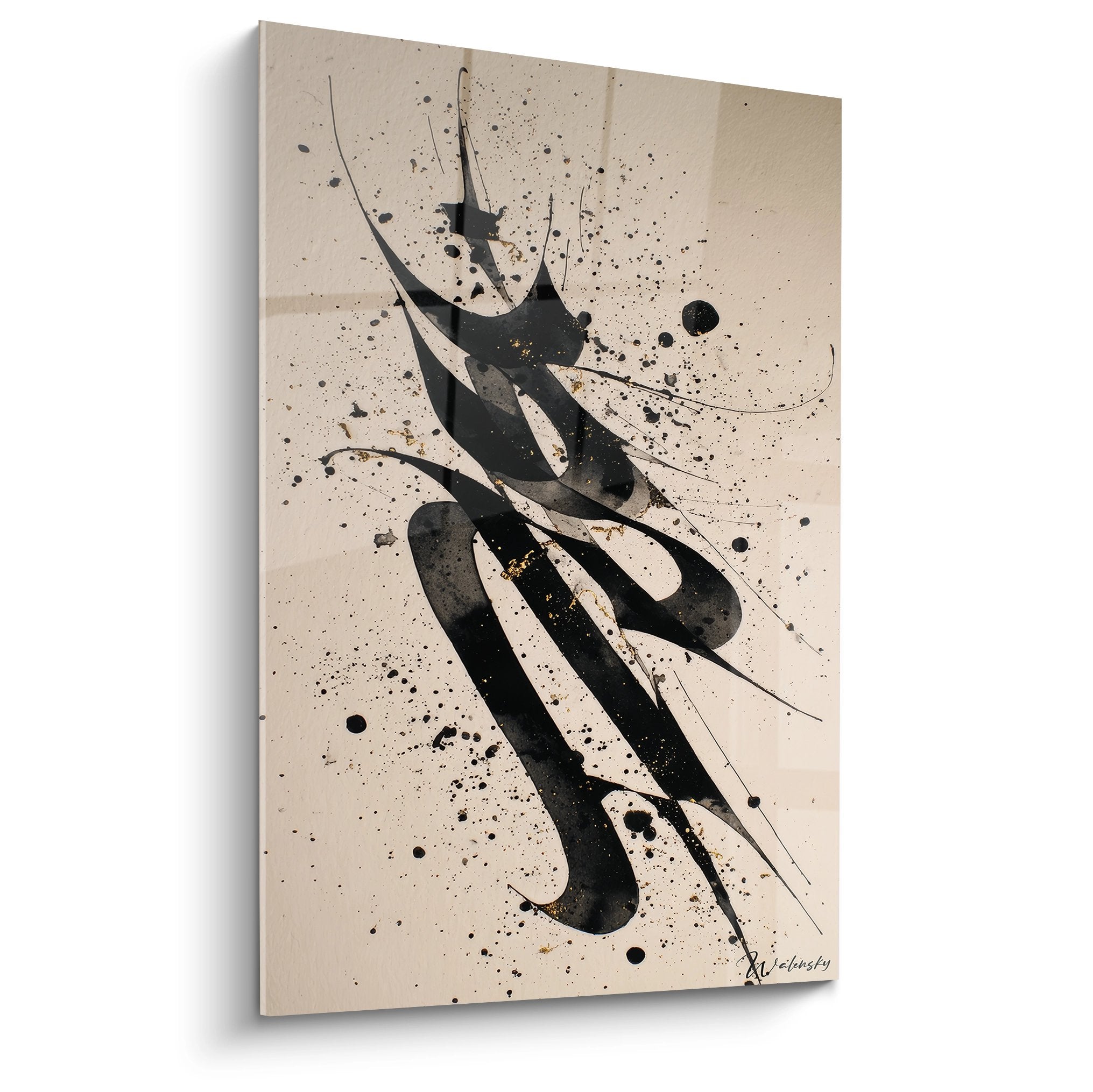 Tableau mural calligraphie abstraite encre noire éclaboussures fond beige art moderne Walensky