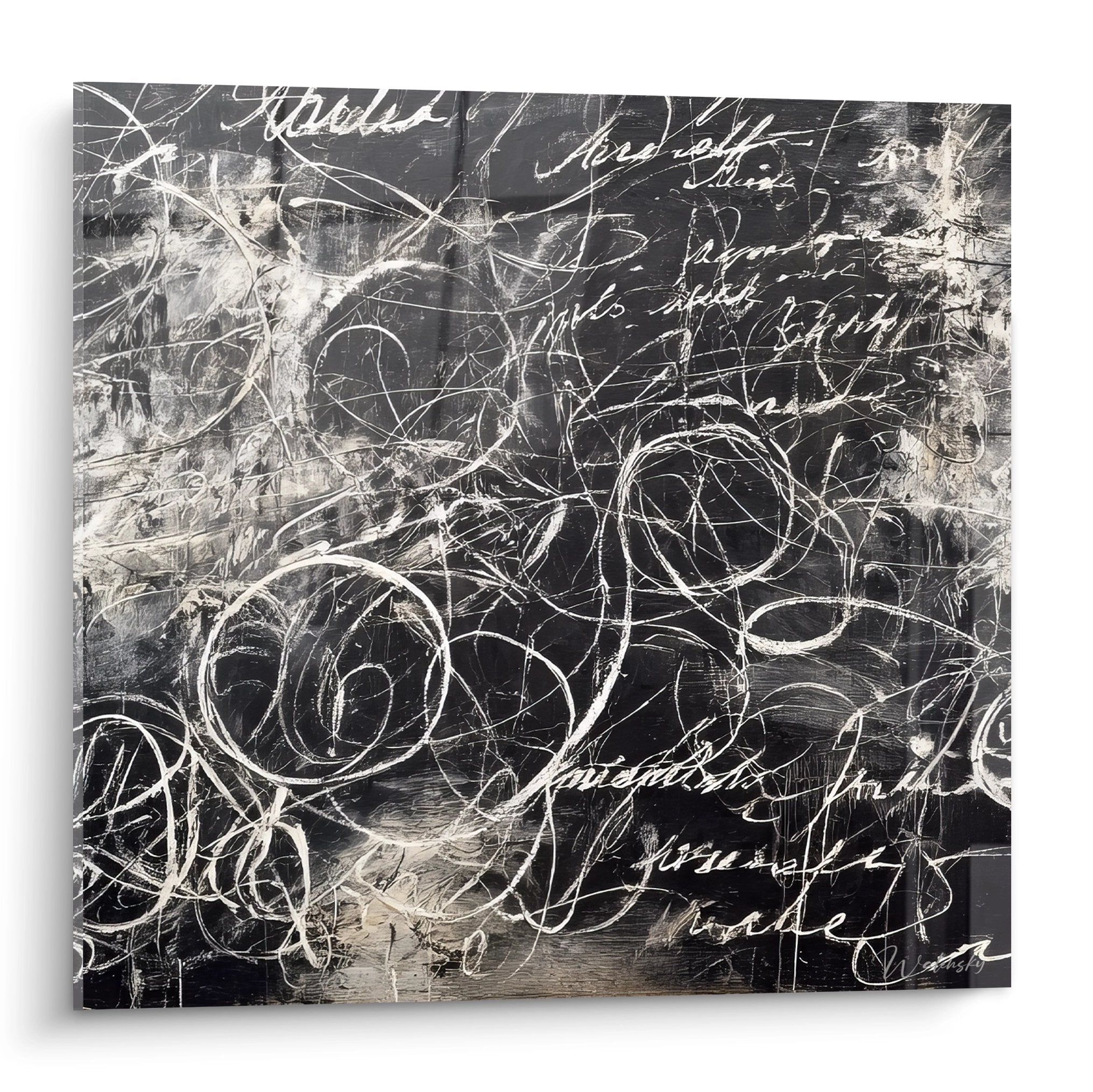 Tableau mural calligraphie abstraite noir blanc avec motifs spiralés et tracés gestuels modernes