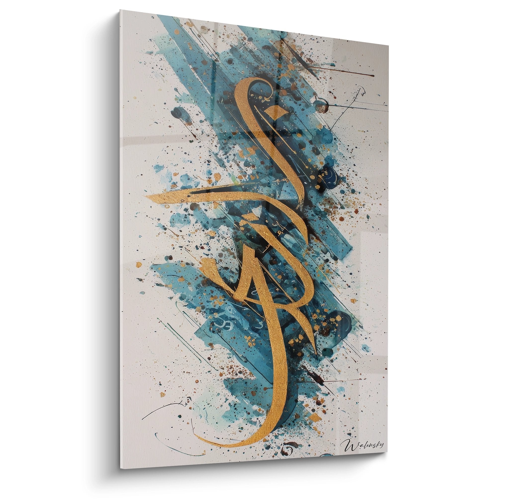 Tableau mural calligraphie dorée abstraite sur fond bleu turquoise avec éclaboussures artistiques modernes