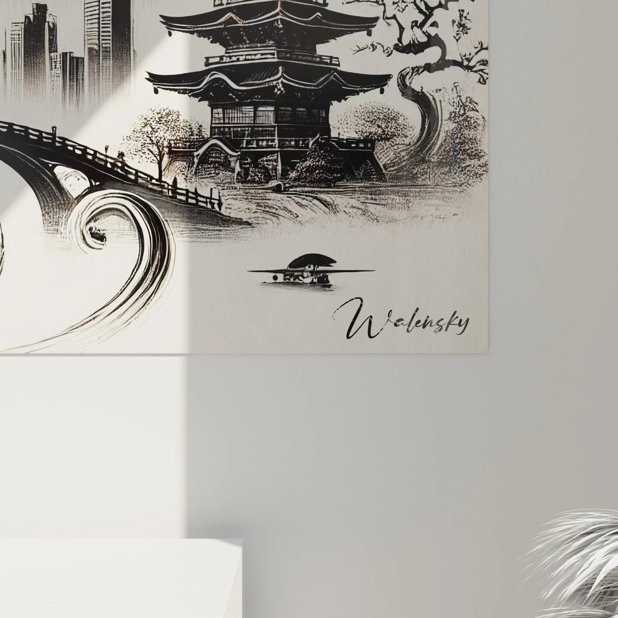 Gros plan sur le tableau Calligraphie Japonaise. Les textures douces et lignes dynamiques révèlent la finesse des motifs traditionnels et modernes, entre art et sérénité.