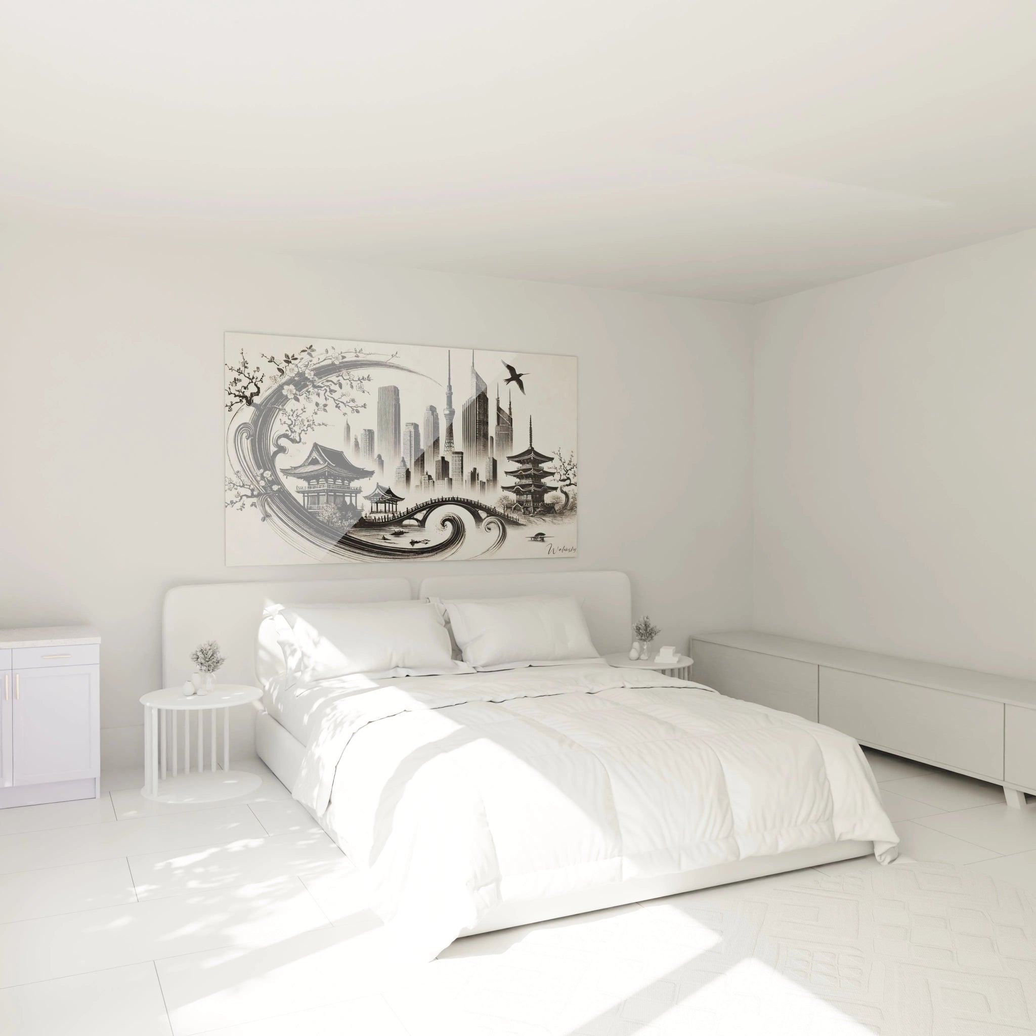 Tableau Calligraphie Japonaise accroché au mur au-dessus d’un lit. Harmonie des vagues grises et motifs calligraphiques noirs créant une ambiance zen et apaisante.