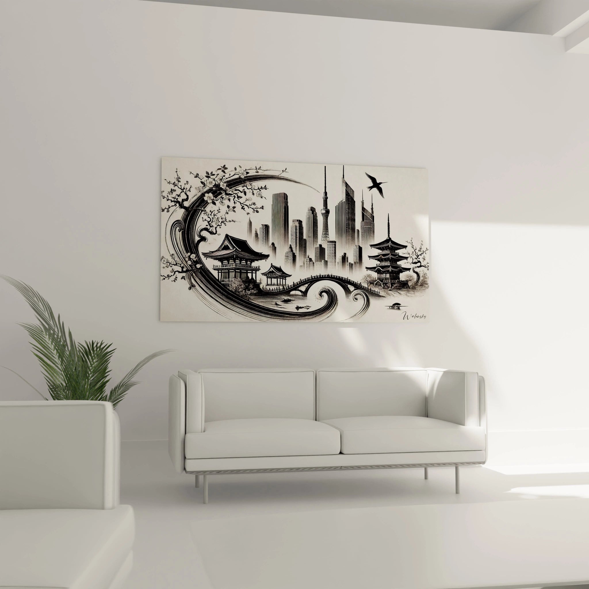 Tableau Calligraphie Japonaise dans un salon épuré au-dessus d’un canapé. Les teintes noir et beige subliment l’espace avec un style minimaliste inspiré du Japon.