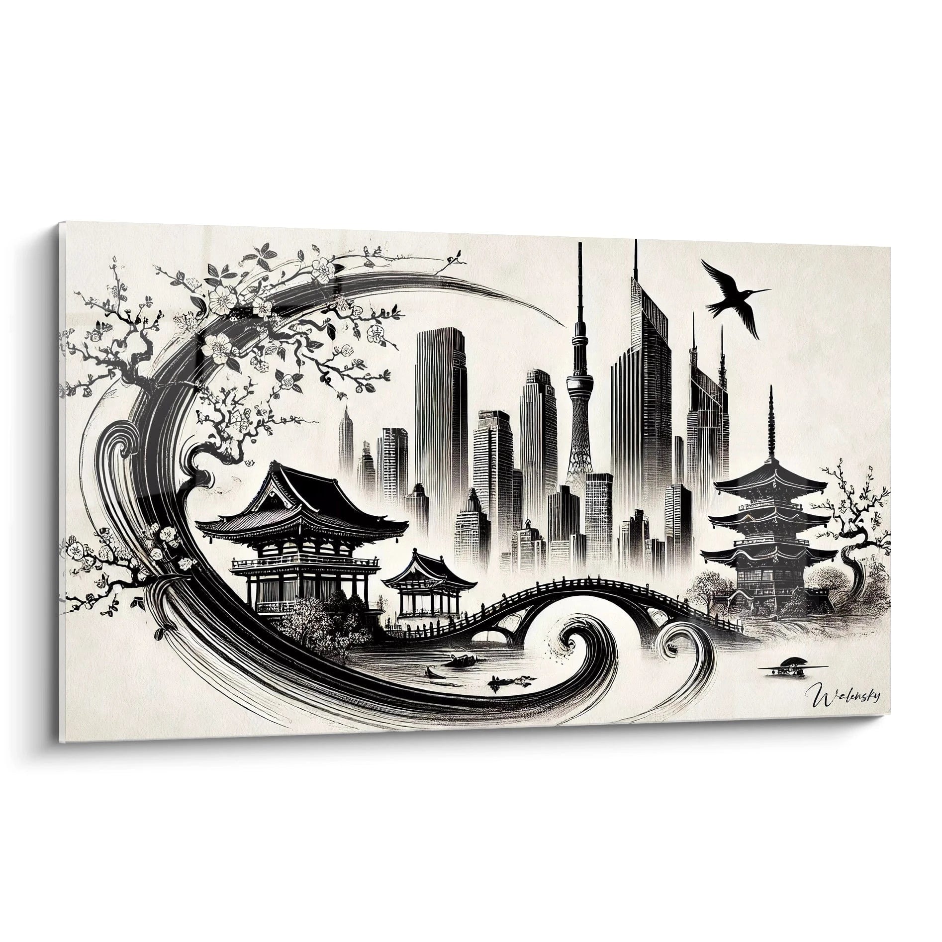 Tableau Calligraphie Japonaise avec lignes fluides en noir et beige. Vue de biais, l'équilibre entre tradition et modernité capturé dans chaque détail. Idéal pour une déco raffinée.