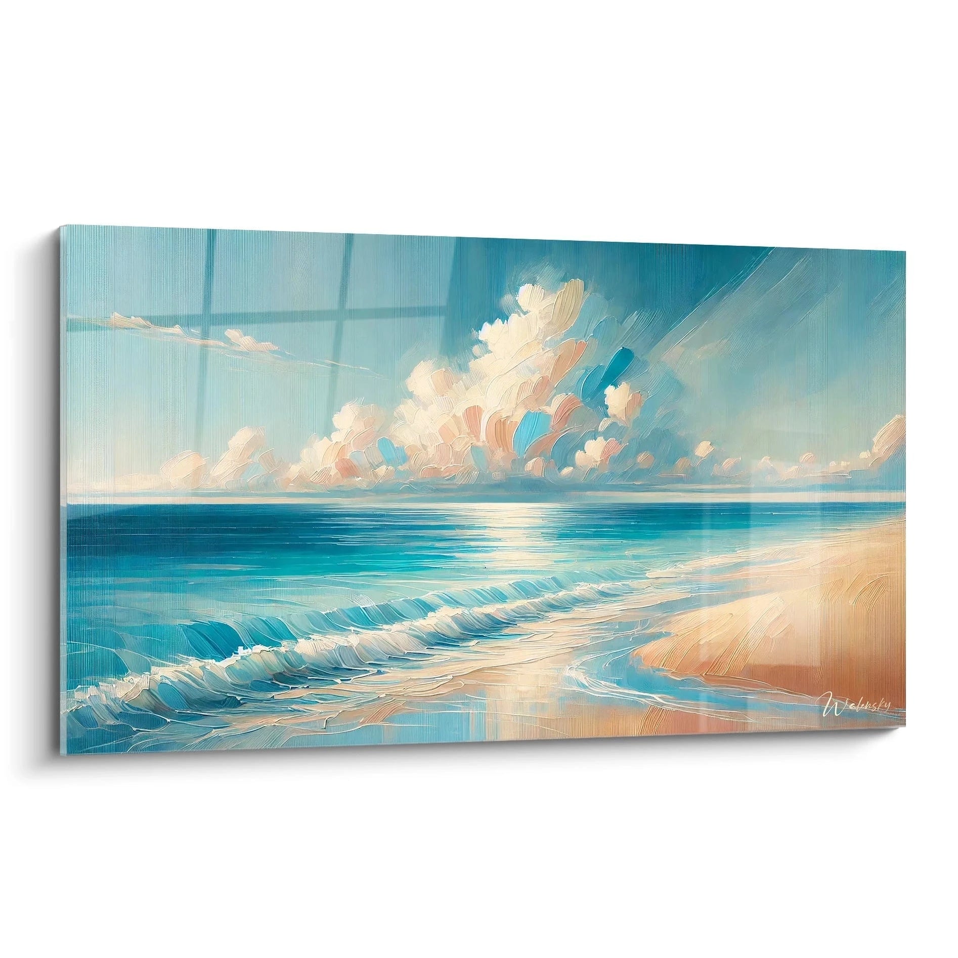 Ce tableau Mer, vu de biais, évoque la sérénité d'une journée lumineuse. Ses couleurs pastel et doux créent une harmonie parfaite entre l'eau et le ciel, apportant calme et détente.