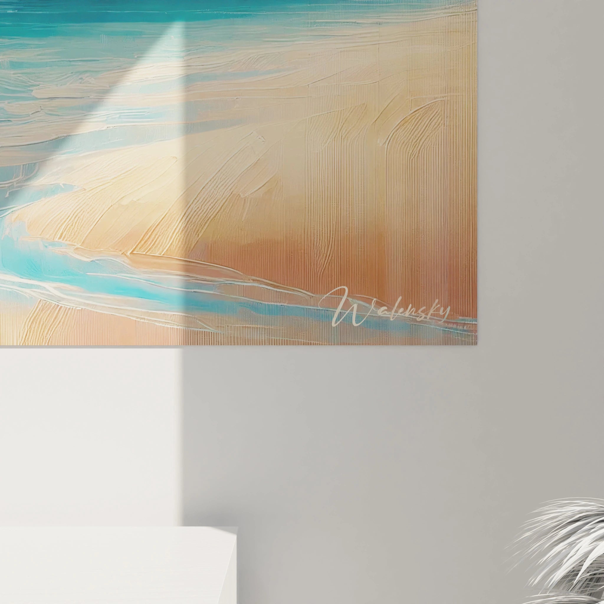 Une vue de près du tableau Mer révèle des détails exquis. Les coups de pinceau fluides traduisent la douceur des vagues et la lumière, offrant un moment de calme et de contemplation.