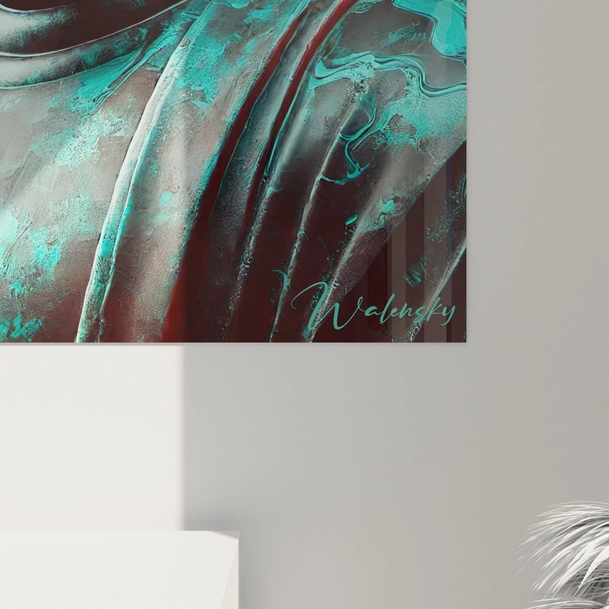 tableau zen vue proche motifs ondulants textures lumineuses couleurs turquoise rouge noir harmonie details apaisants serenite profonde inspire meditation et reflexion