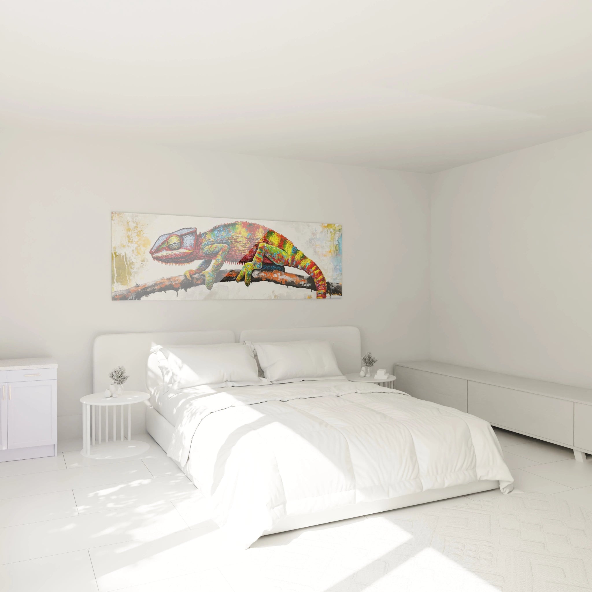 Tableau caméléon coloré de Walensky, parfait pour décorer une chambre moderne et lumineuse.