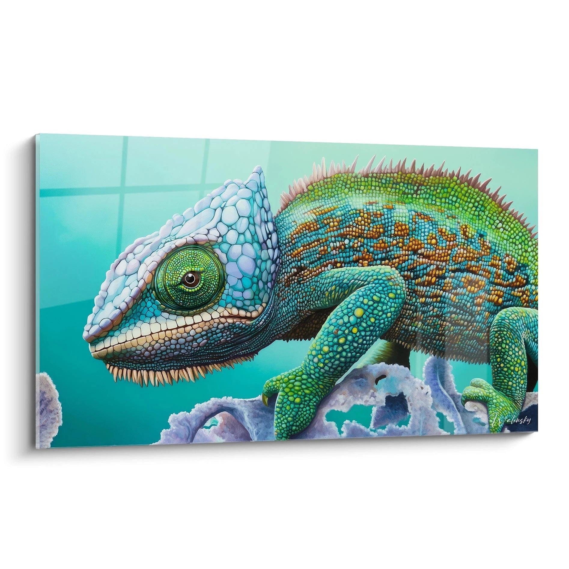 Tableau caméléon coloré de Walensky sur toile, représentant un lézard vibrant sur fond turquoise