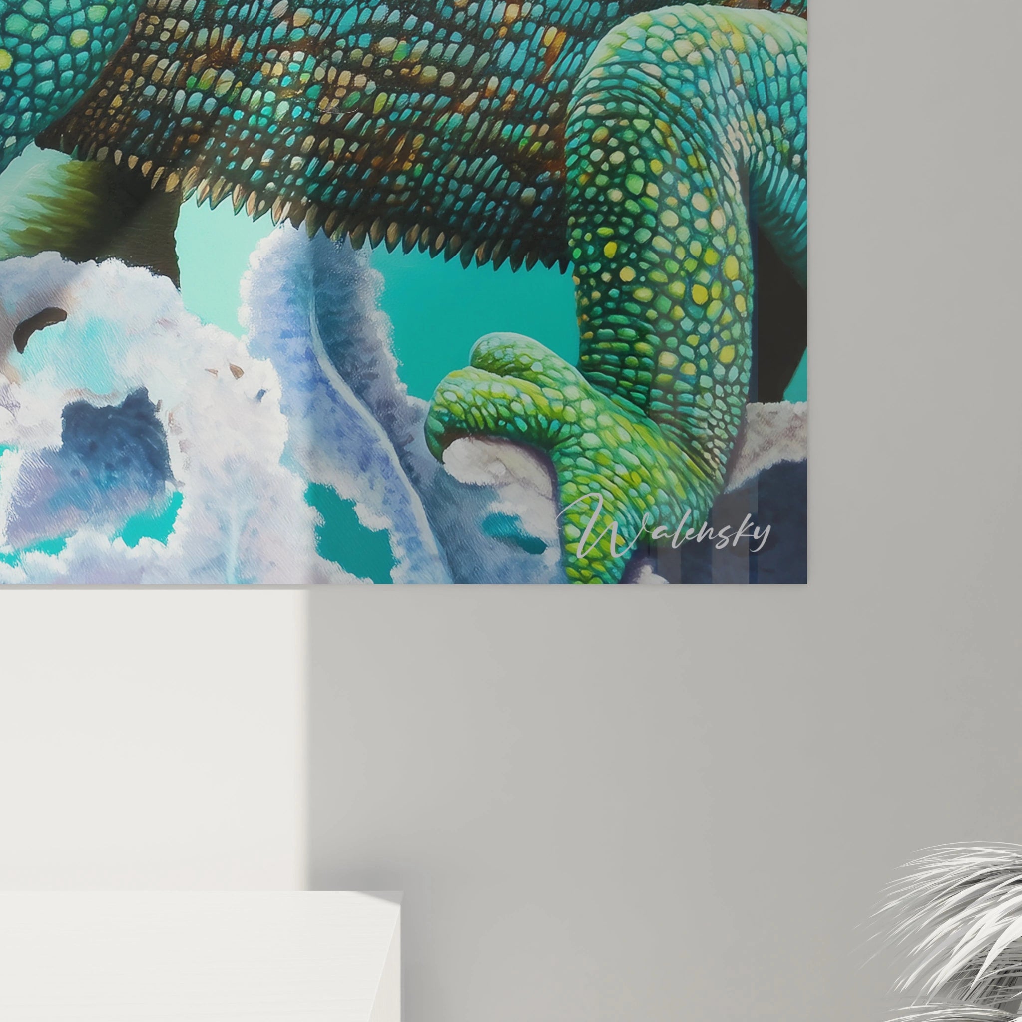 Tableau caméléon de Walensky, affichant des couleurs vives et des détails réalistes sur un fond naturel