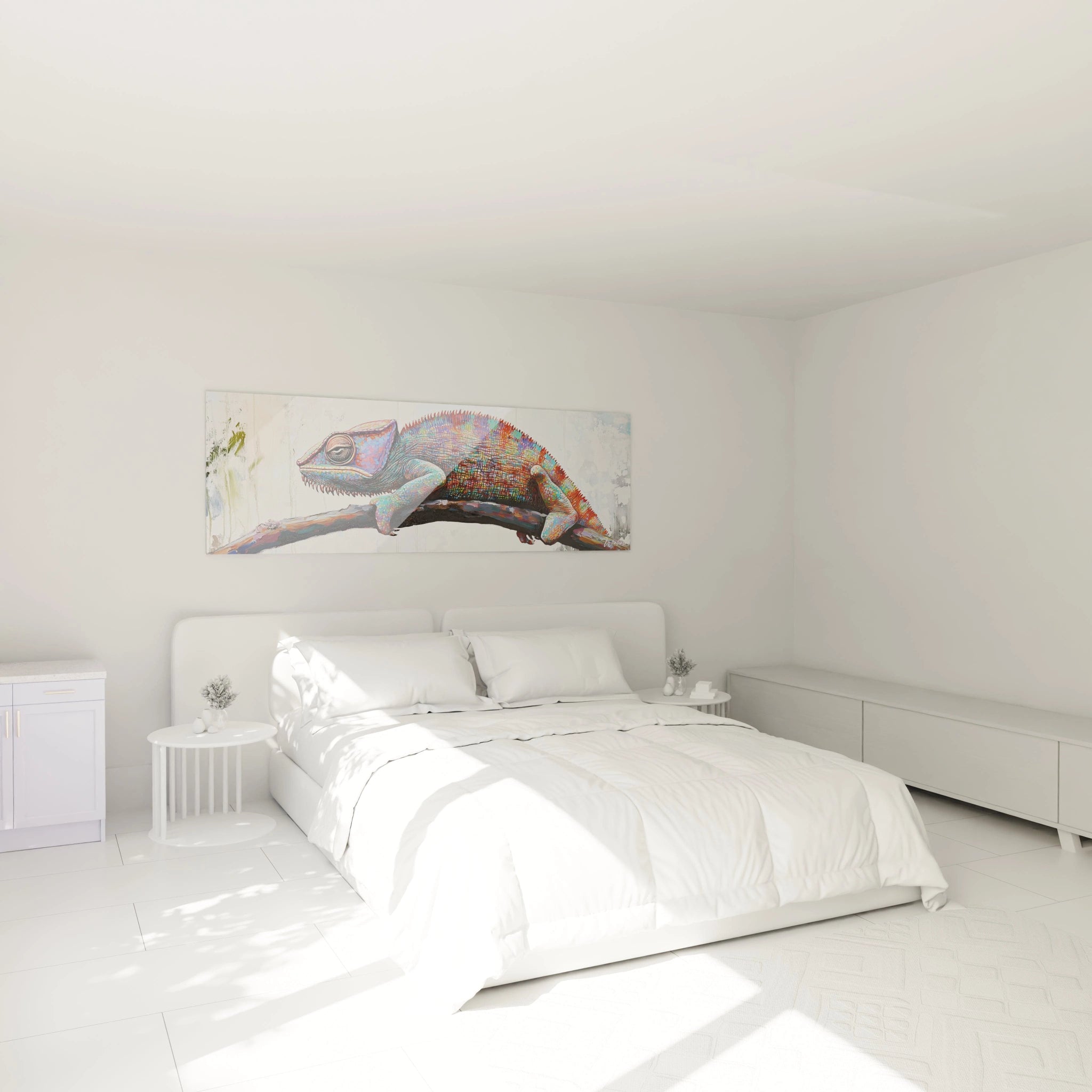 Tableau caméléon Walensky pour décoration murale dans une chambre moderne et lumineuse