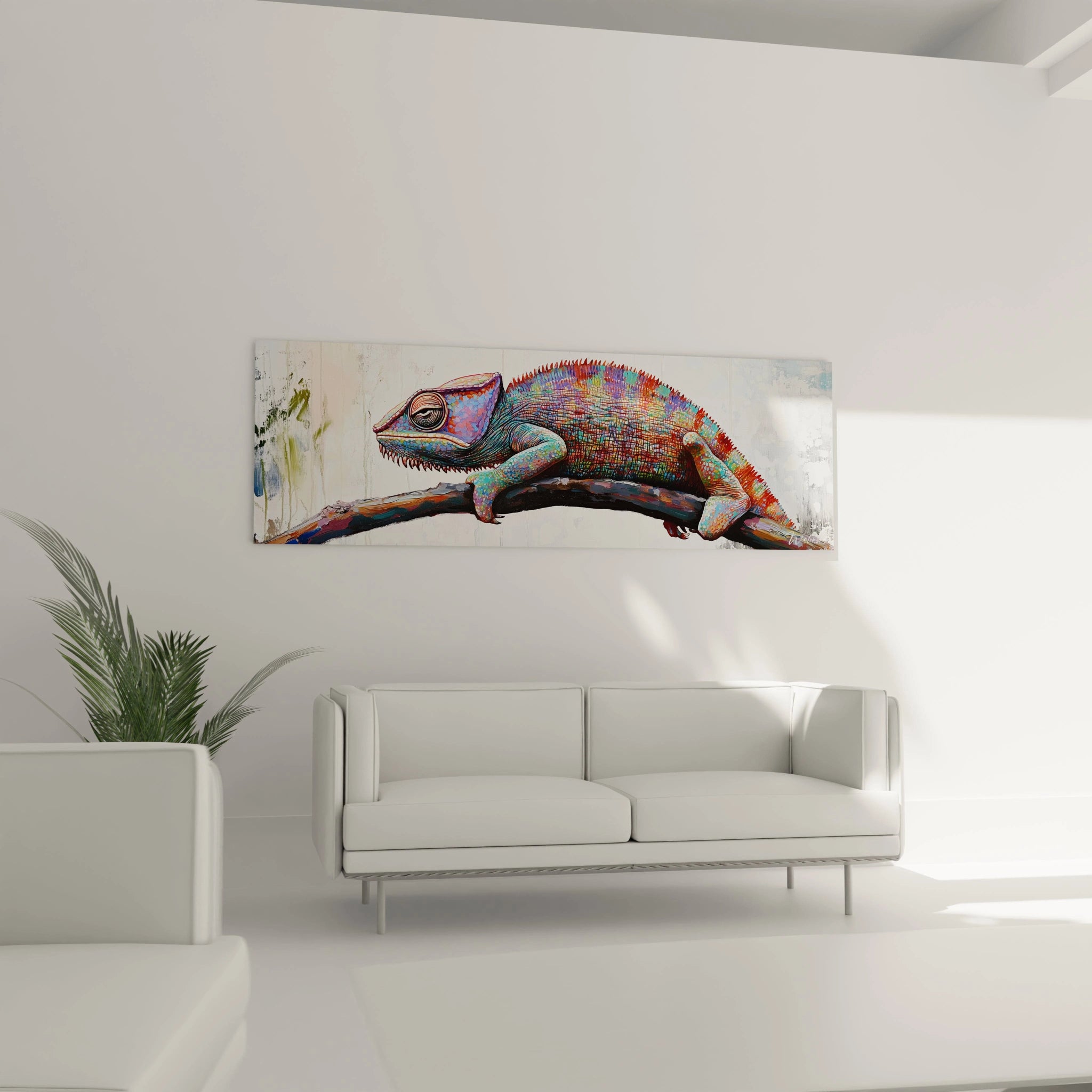 Tableau caméléon coloré de Walensky accroché au mur dans un salon moderne