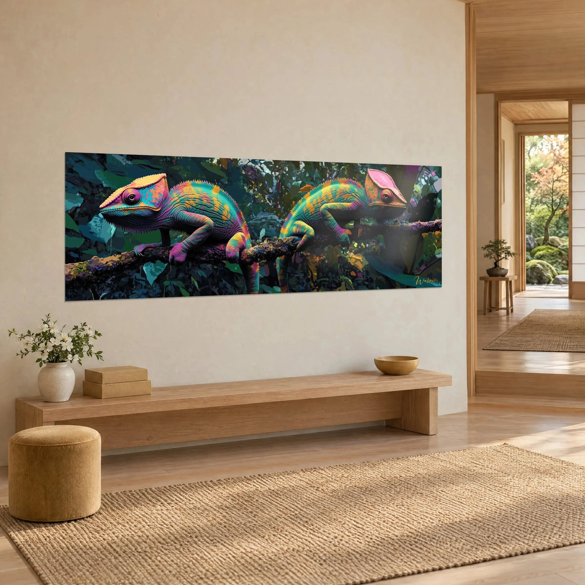 Gemälde bunte Baumreptilien mit bonbonrosa Kämmen und smaragdgrünen Flanken, Dreiviertelansicht in einem Japandi-Wohnzimmer