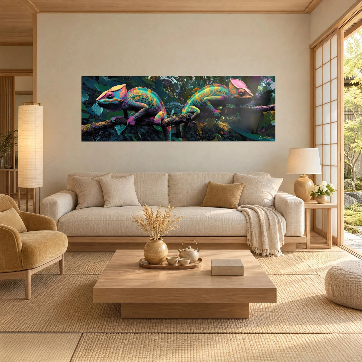 Gemälde Chamäleons mit türkisfarbenen, rosa und orangefarbenen Schuppen auf einem moosigen Ast, über einem Sofa in einem hellen Wohnzimmer