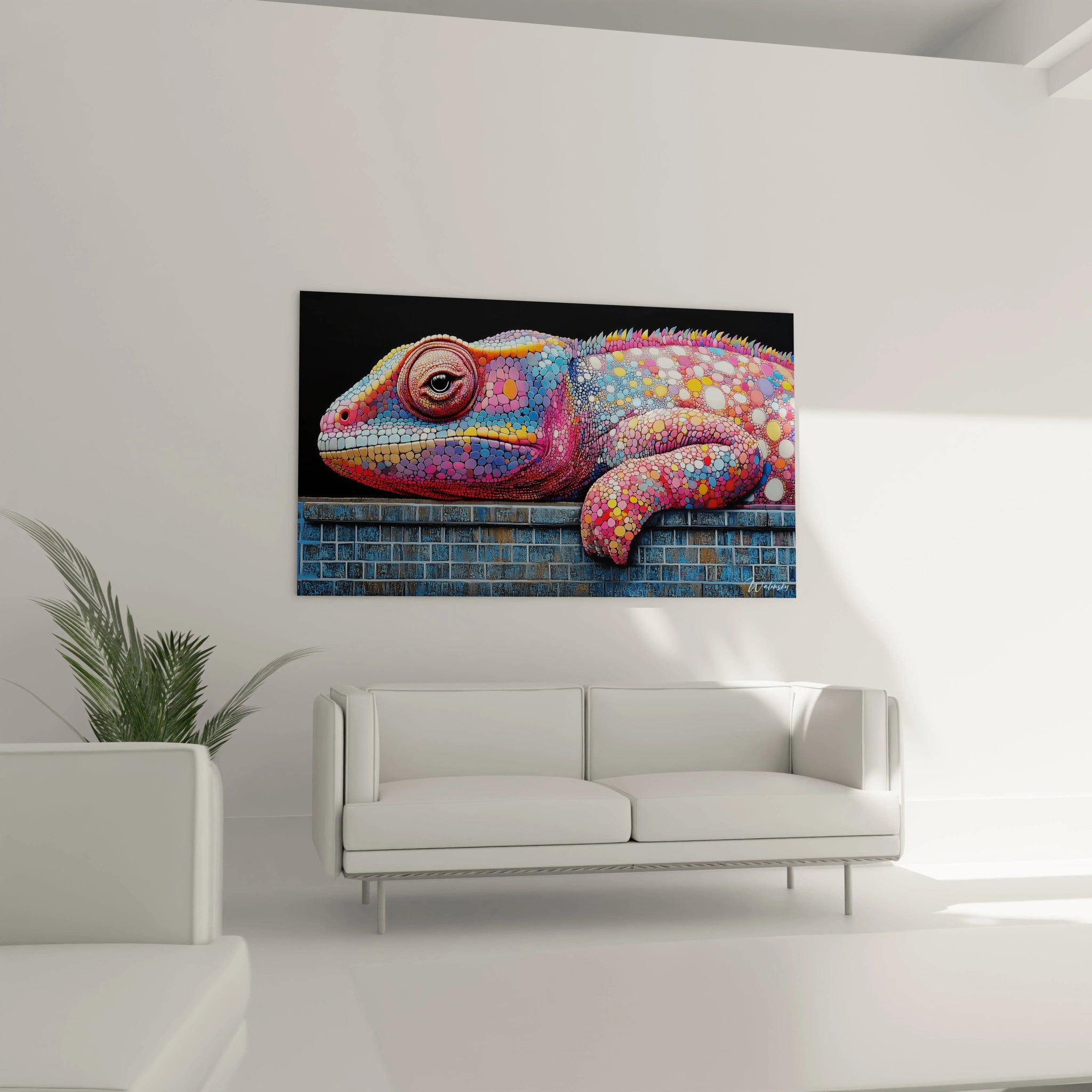 Tableau caméléon Walensky avec des couleurs vives, décoratif pour un salon moderne