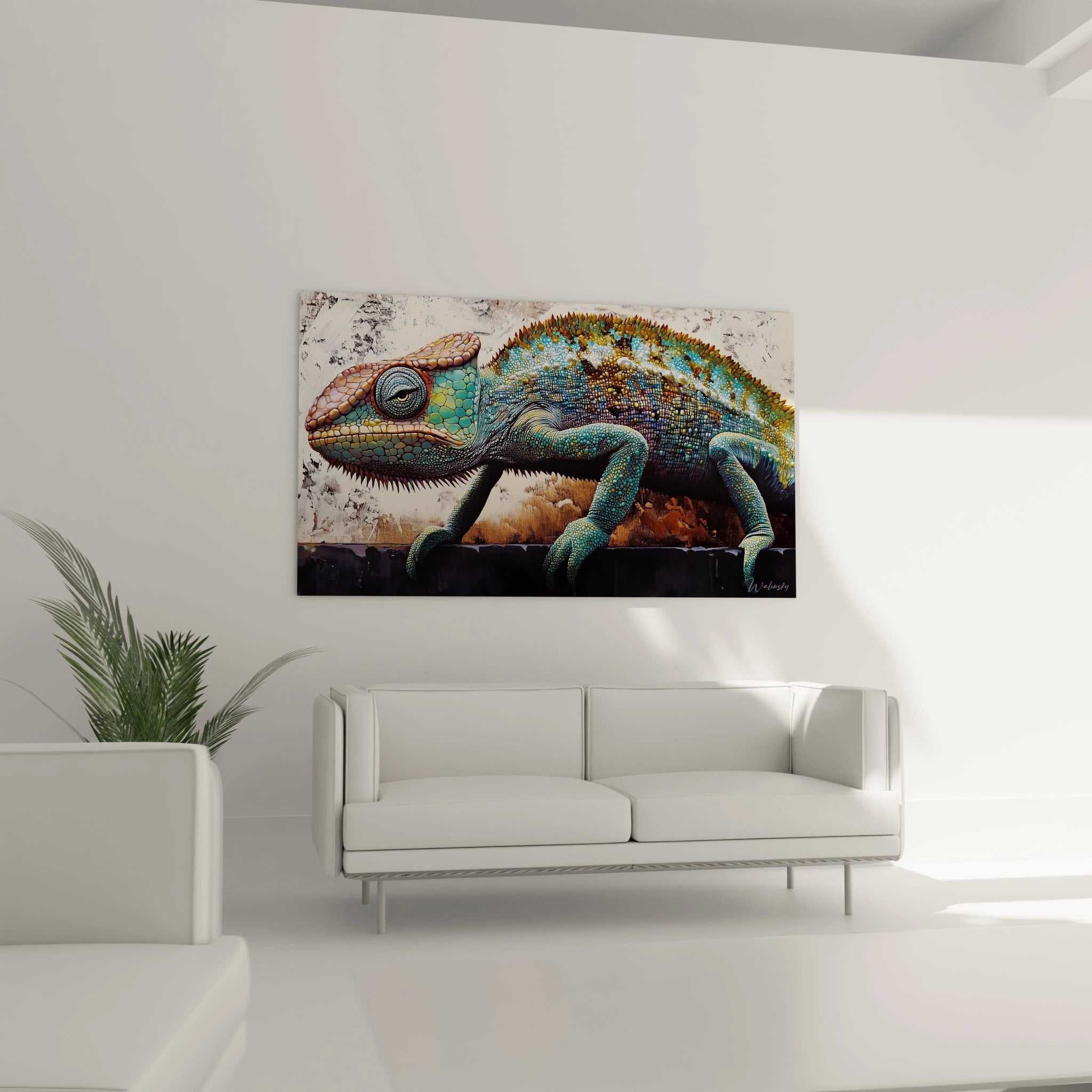 Tableau caméléon Walensky avec des couleurs vives sur fond neutre pour une décoration moderne