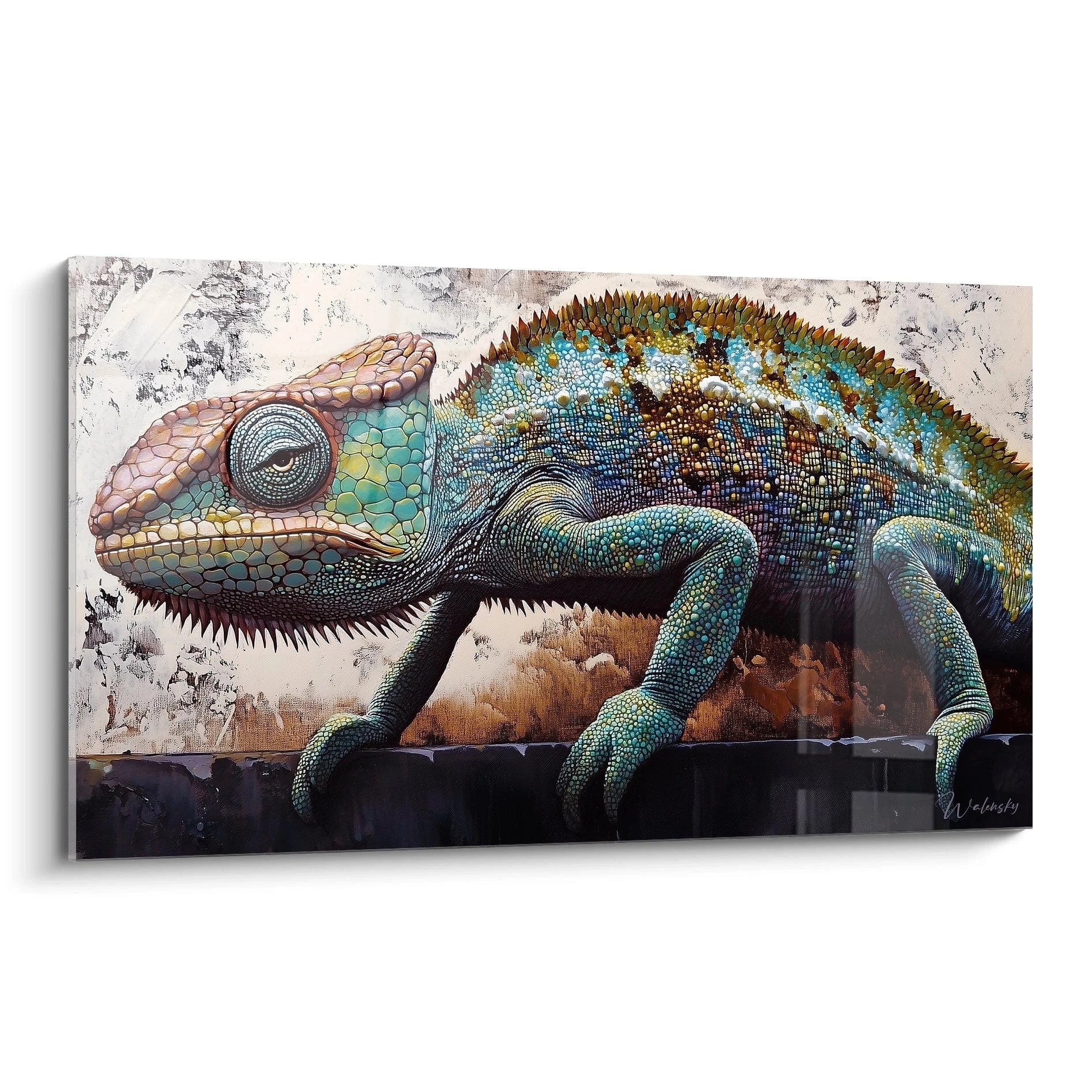 Tableau caméléon coloré de Walensky avec une texture réaliste et des détails vibrants sur fond neutre