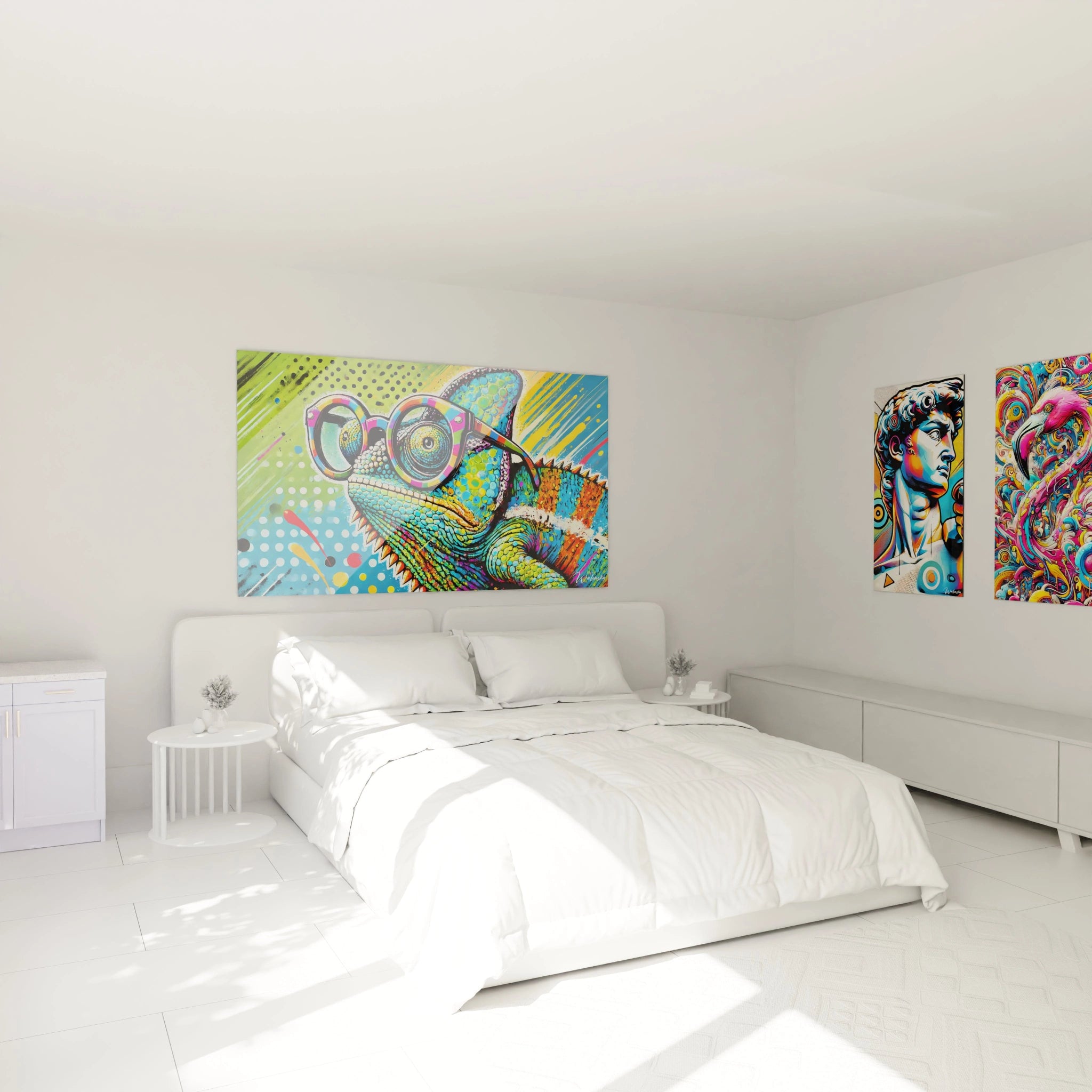 Apportez une touche de couleur à votre chambre avec ce tableau pop art. Le caméléon multicolore et ses motifs dynamiques donnent vie à votre déco.