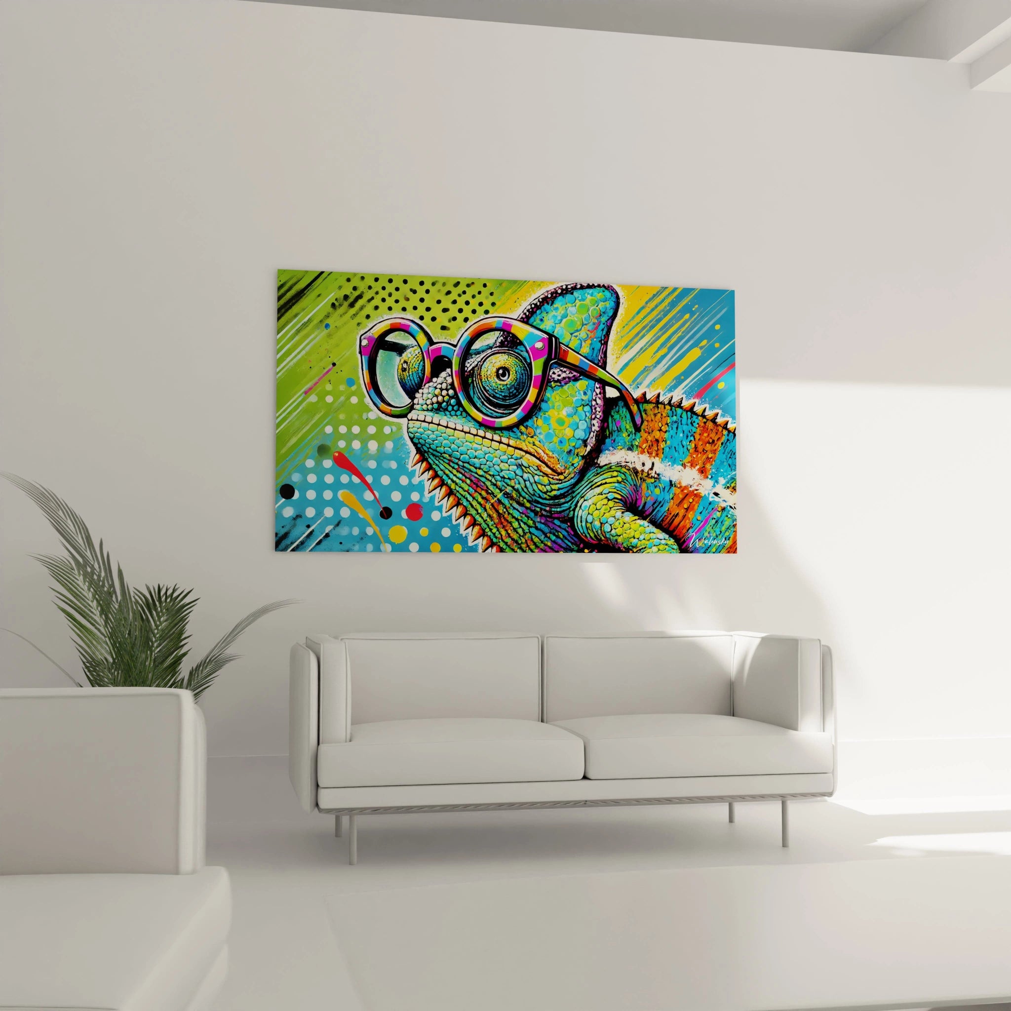 Transformez votre salon avec ce tableau pop art unique. Le caméléon multicolore ajoute une touche vibrante et audacieuse au-dessus de votre canapé. DécorationIntérieure TableauSalon"
