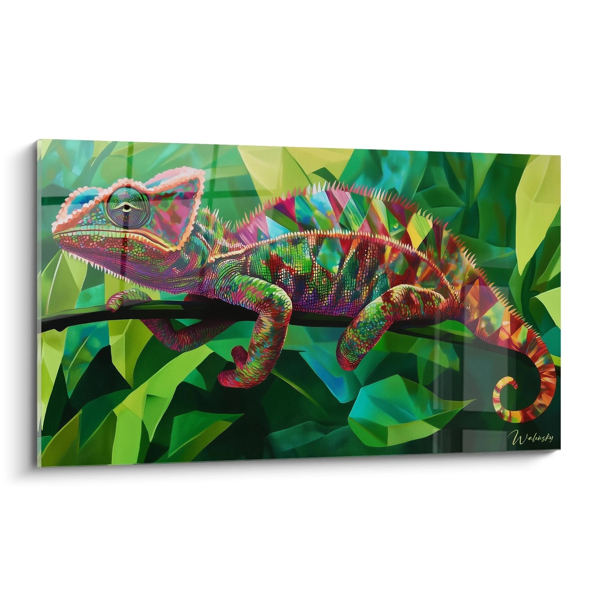 Tableau caméléon Walensky en couleurs vives sur fond de feuillage luxuriant