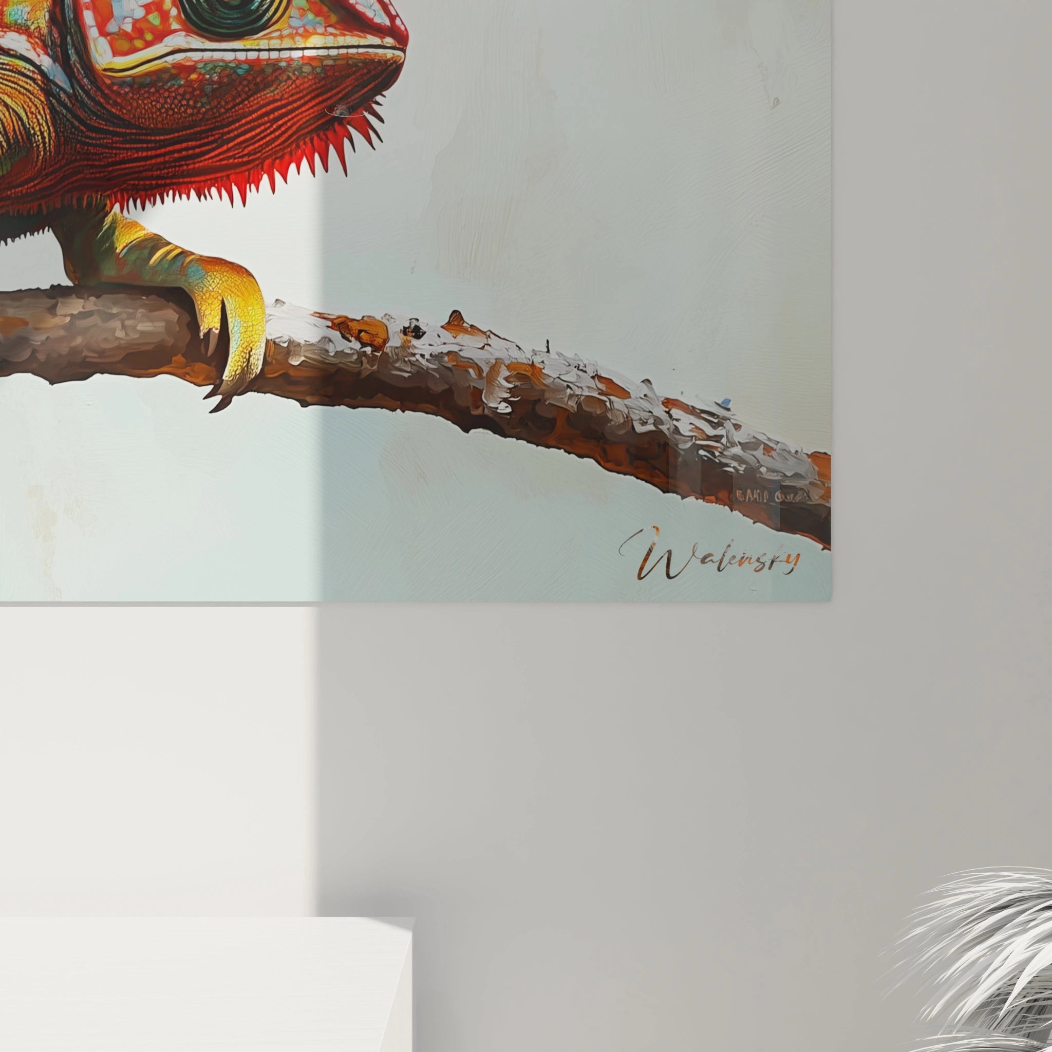 Tableau caméléon Walensky sur un mur avec une châtaigne colorée en arrière-plan