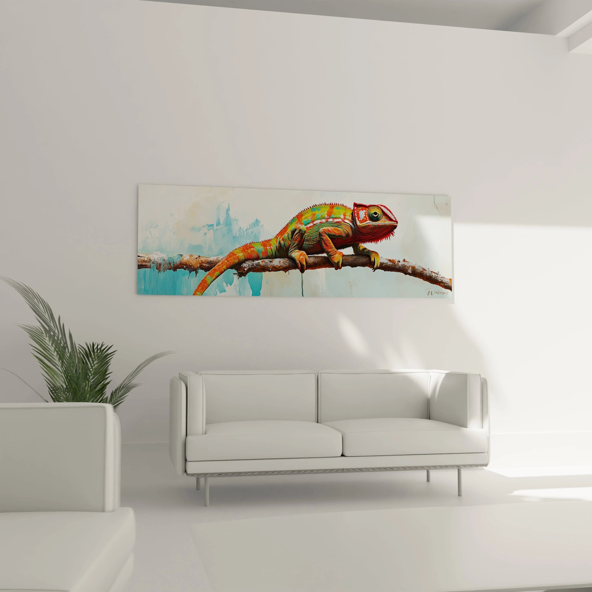 Tableau caméléon Walensky accroché au mur avec un fond coloré et un décor moderne