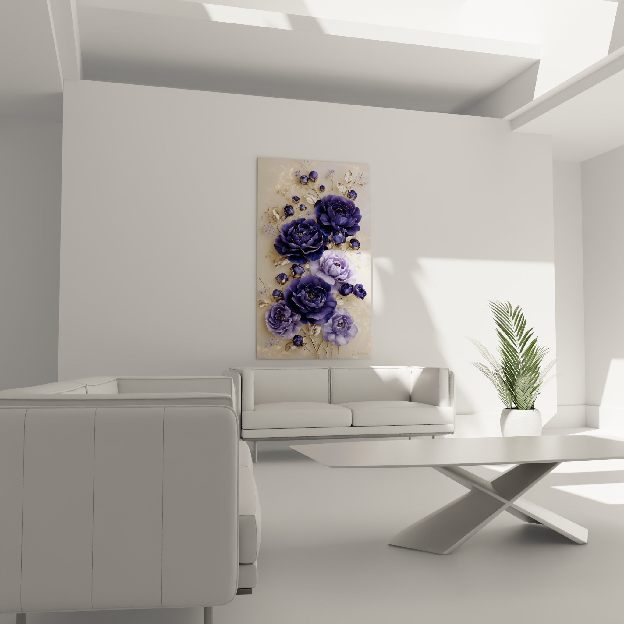 Fleurs de camélia lavande et anthracite au-dessus d'un canapé dans un salon lumineux