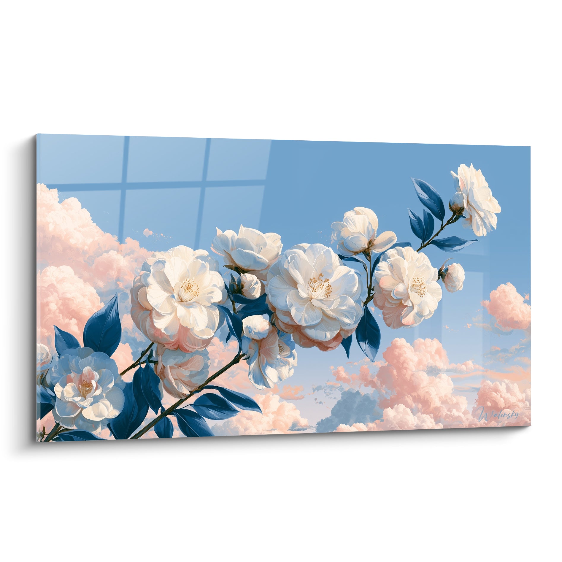 Camélias blancs aux cœurs dorés flottant sur un ciel bleu et des nuages rose poudré