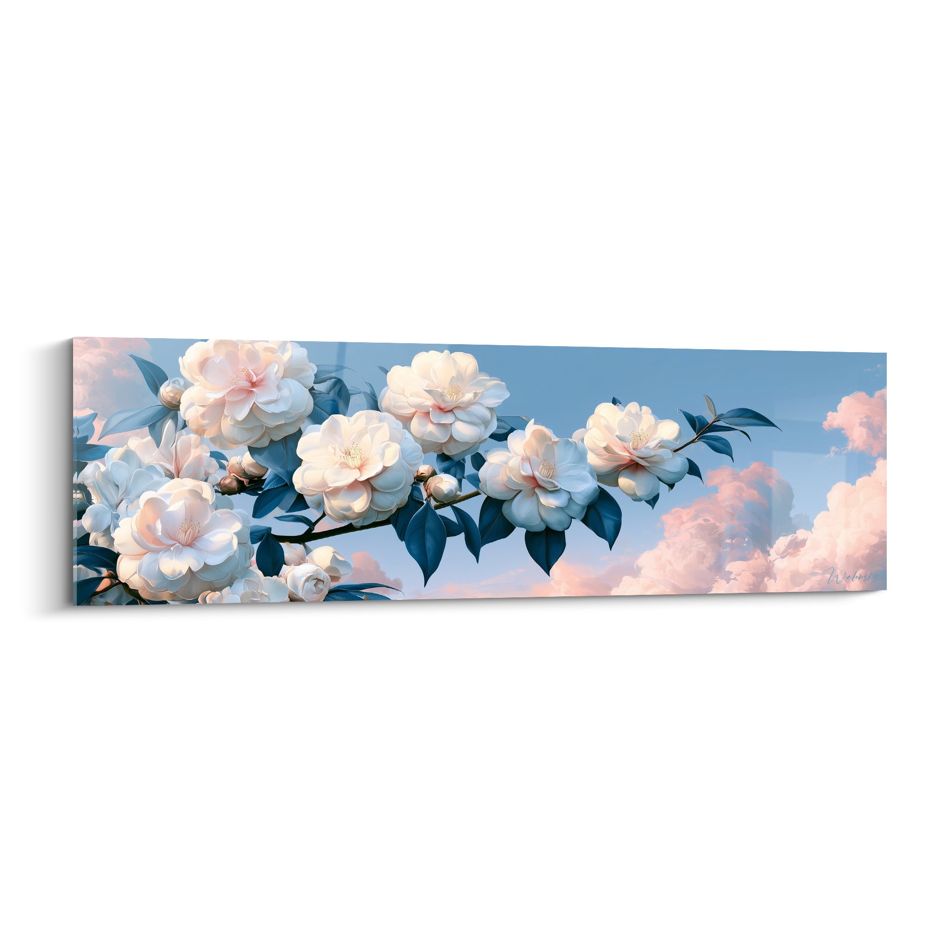 Camélia blanc en fleurs sur fond bleu ciel et nuages roses, style aquarelle délicat