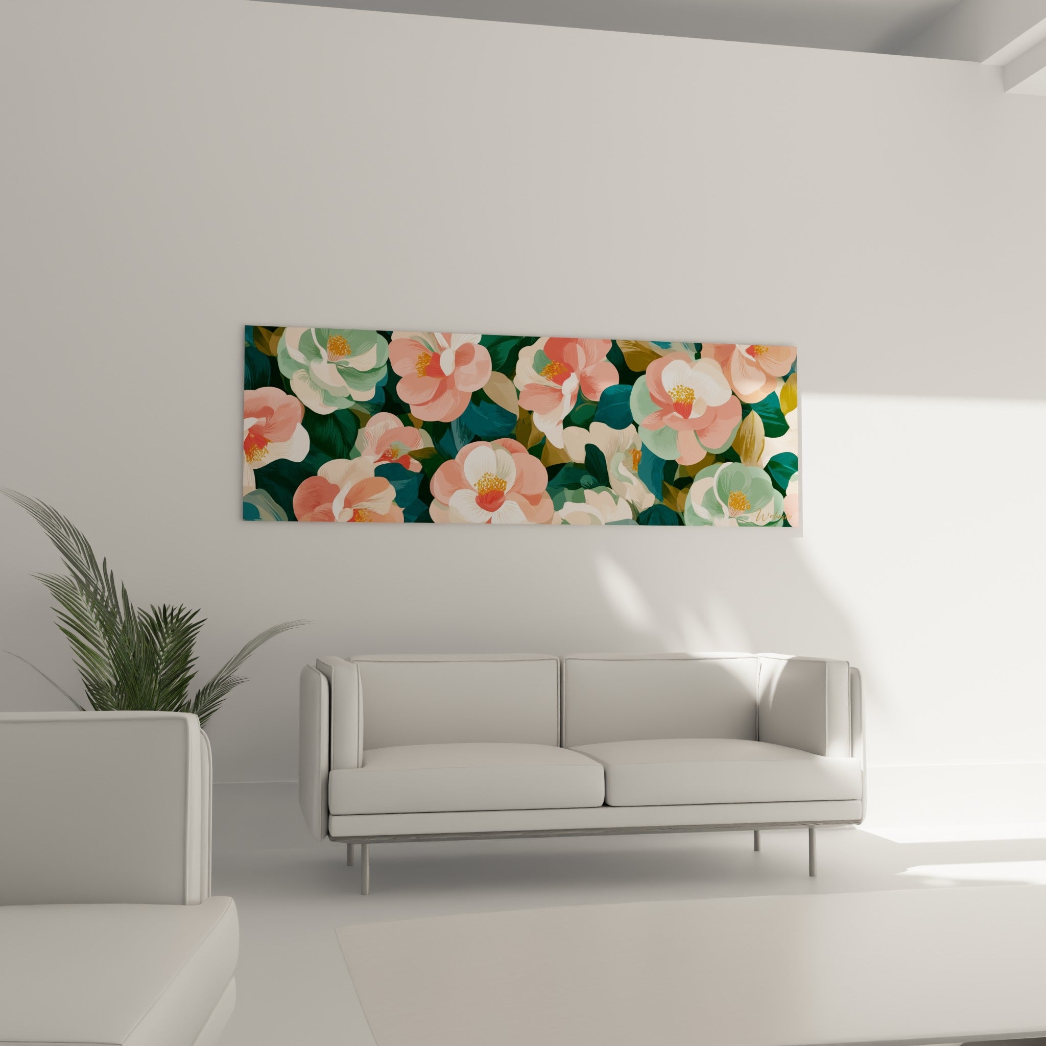 Corolles de camélia blanc crème et rose corail entourées de vert sauge, au-dessus d'un canapé dans un salon lumineux