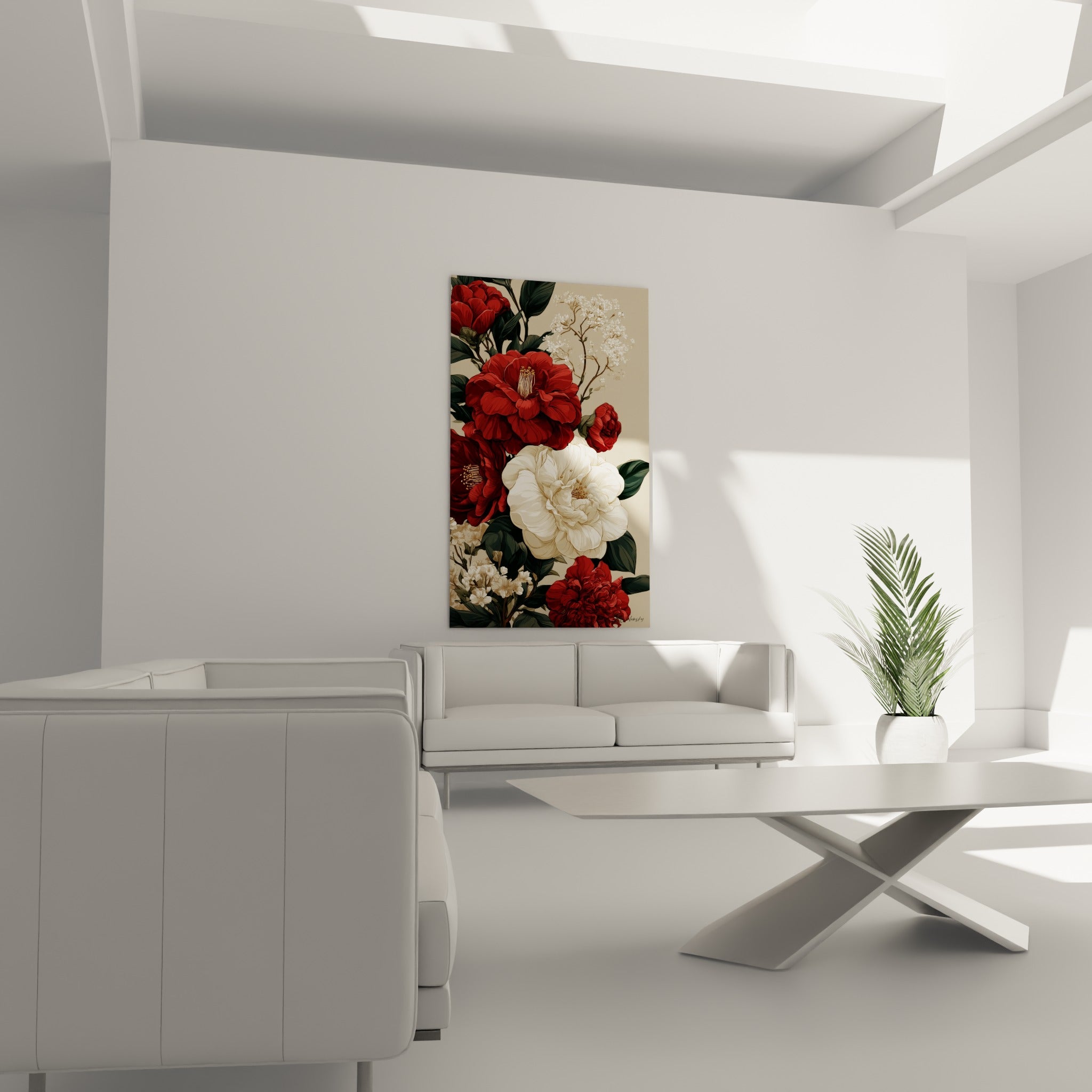 Bouquet de camélias rouge carmin et blanc immaculé, accroché au-dessus d'un canapé dans un salon lumineux
