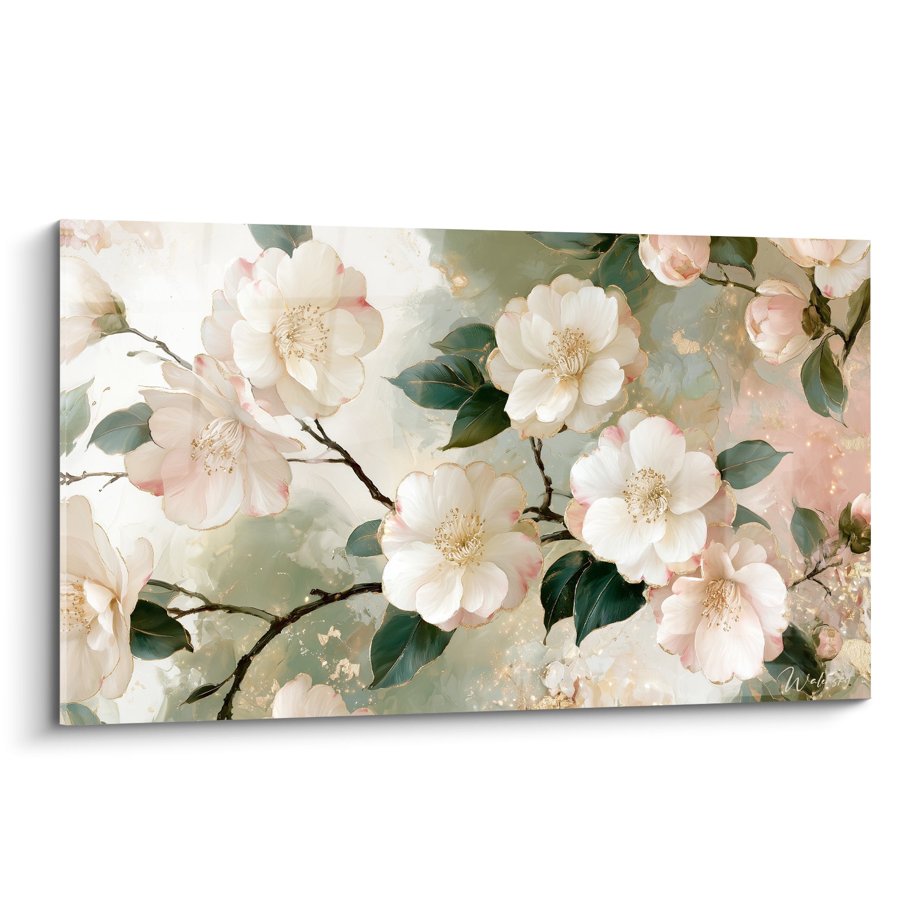 Camélia blanc et doré aux pétales nacrés sur fond vert sauge et rose poudré, style aquarelle