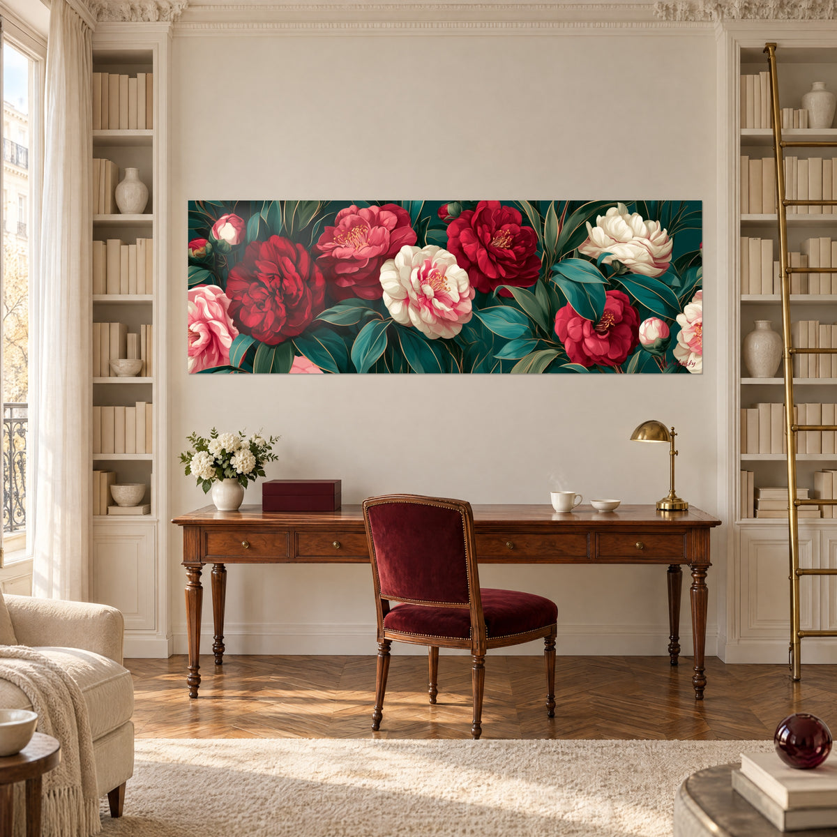 Quadro panoramico di camelie granato e rosa pallido, foglie verde pino bordate d'oro, sopra una scrivania in legno, libreria bianca