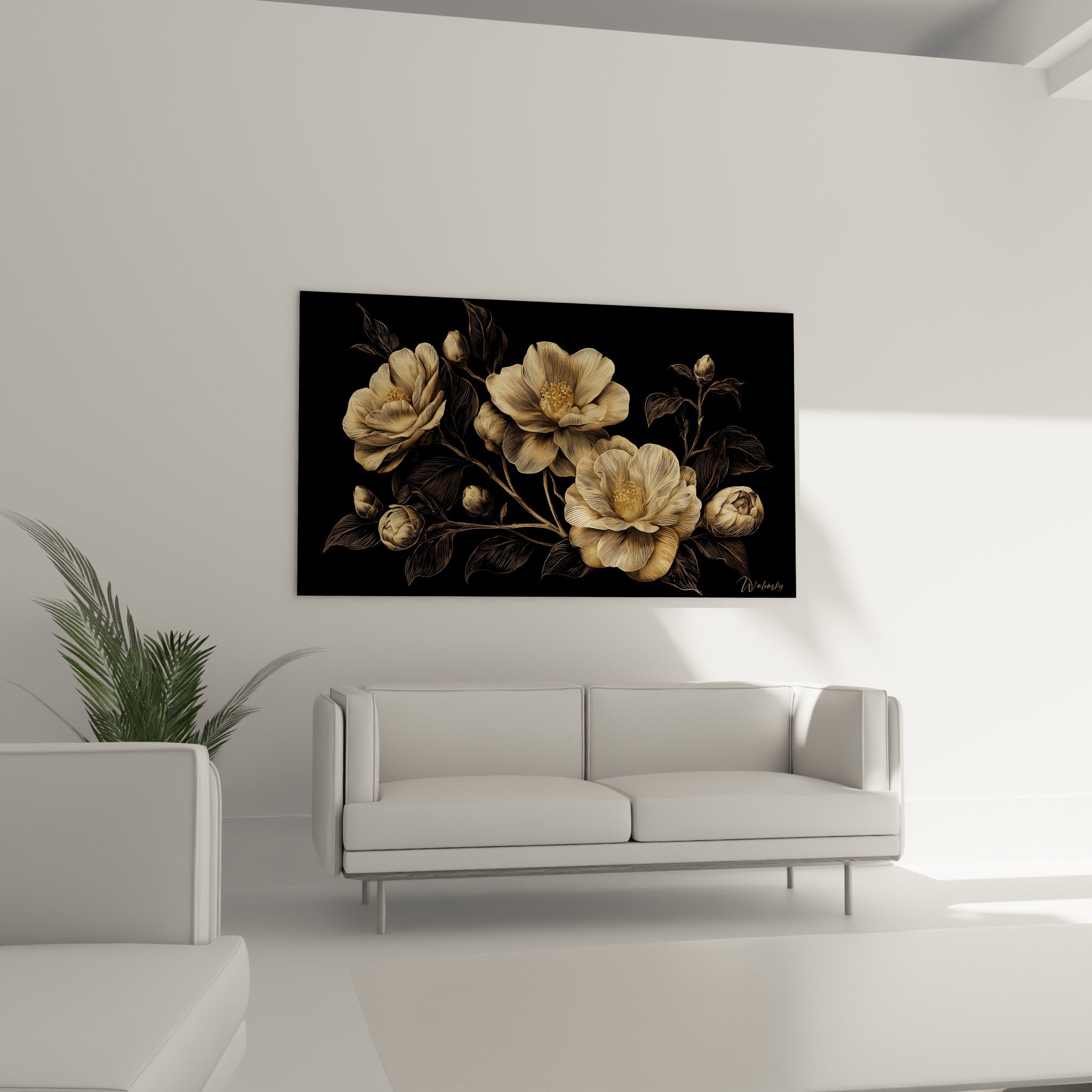 Bouquet de camélias beige et doré disposé au-dessus d'un canapé dans un salon lumineux