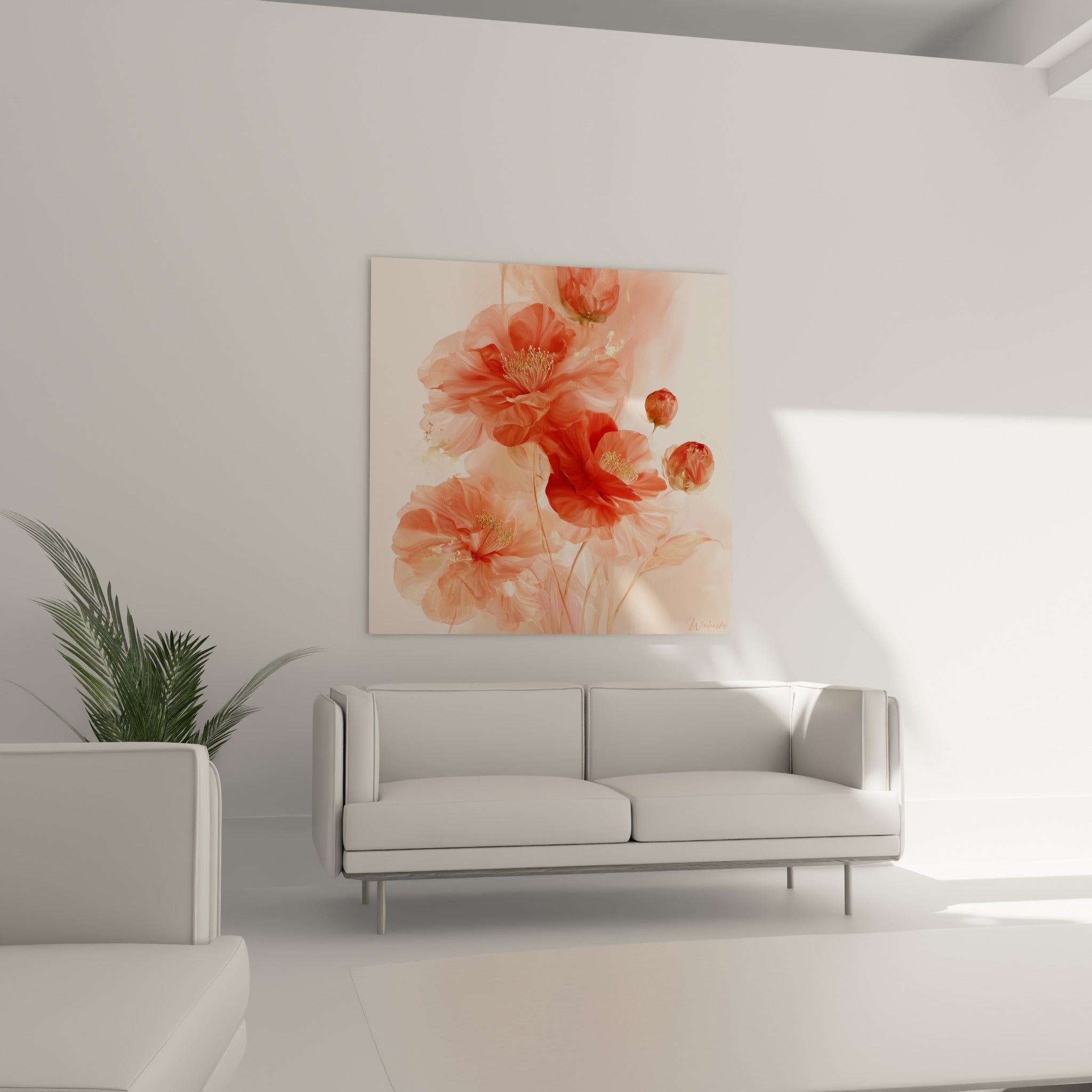 Bouquet de camélia rose poudré et corail aux reflets dorés, au-dessus d'un canapé dans un salon lumineux