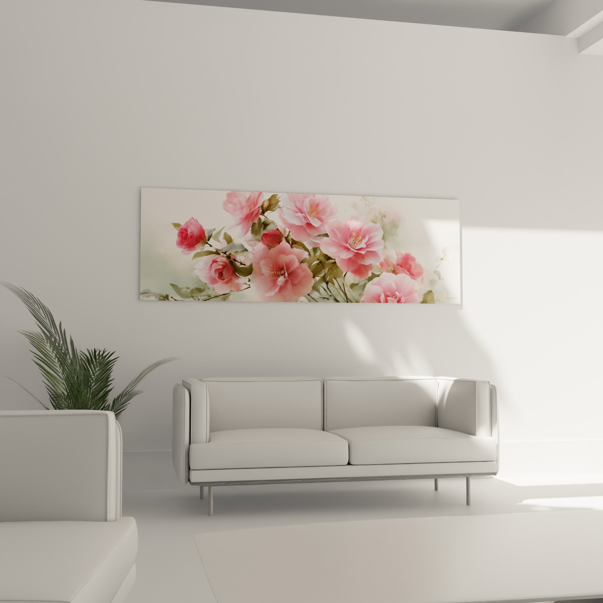 Grappe de camélias rose corail et vert tendre, disposée au-dessus d'un canapé dans un salon lumineux
