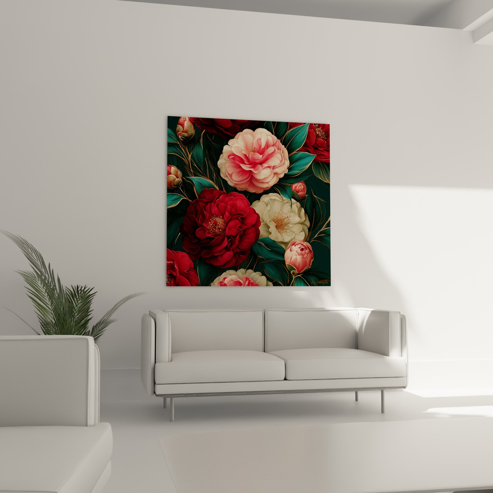 Fleurs de camélia bordeaux et crème aux nervures dorées au-dessus d'un canapé dans un salon lumineux