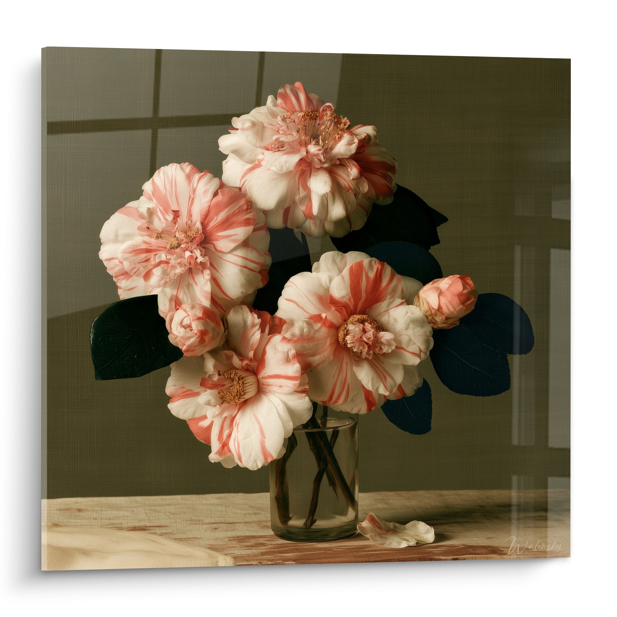 Camélias roses et blancs striés dans un vase en verre, feuilles vert sombre, lumière douce.