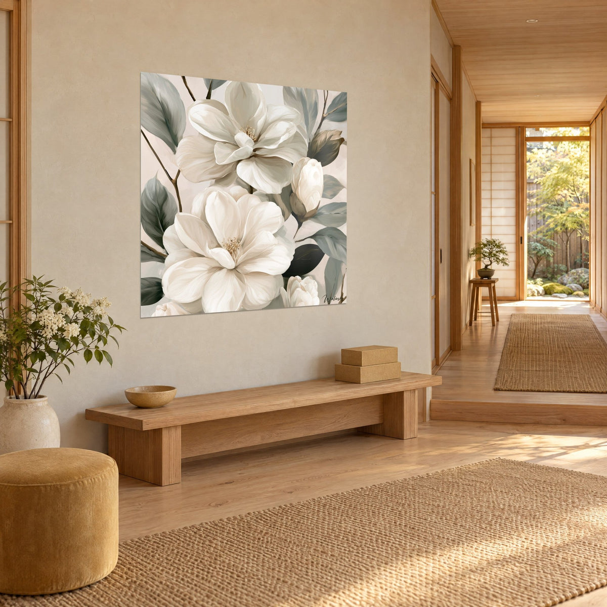 Quadro fiori di magnolia color crema su fondo rosa cipria, boccio chiuso e rami bruni, vista di tre quarti in un corridoio japandi