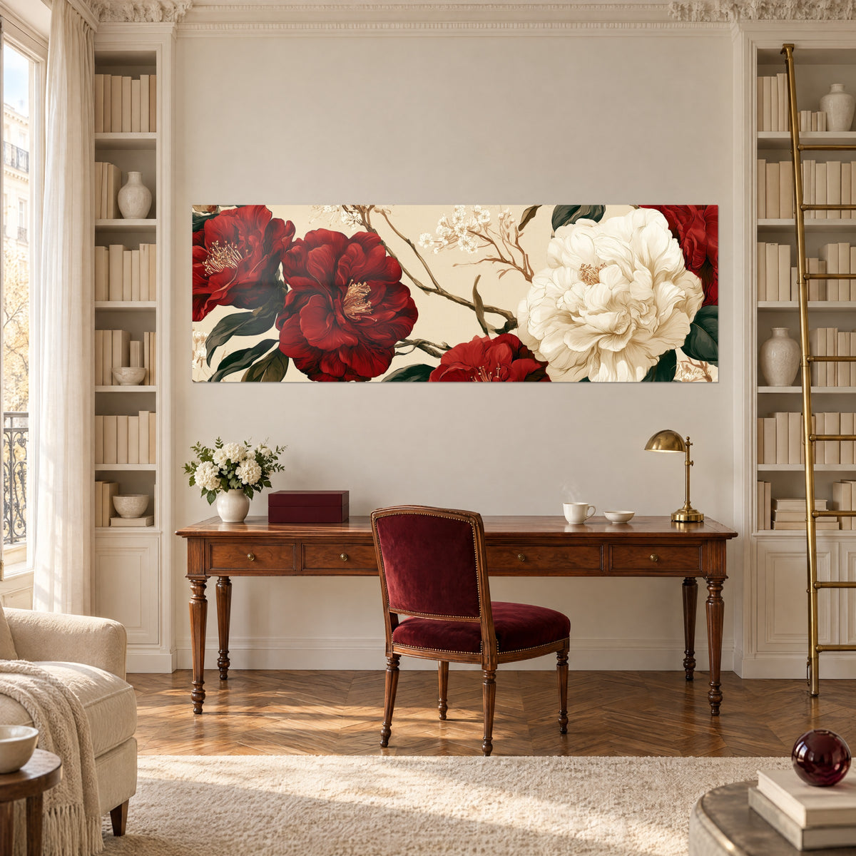 Quadro con un bouquet selvatico di rose rosse e un fiore avorio, steli dorati, sopra una scrivania di legno tra due librerie