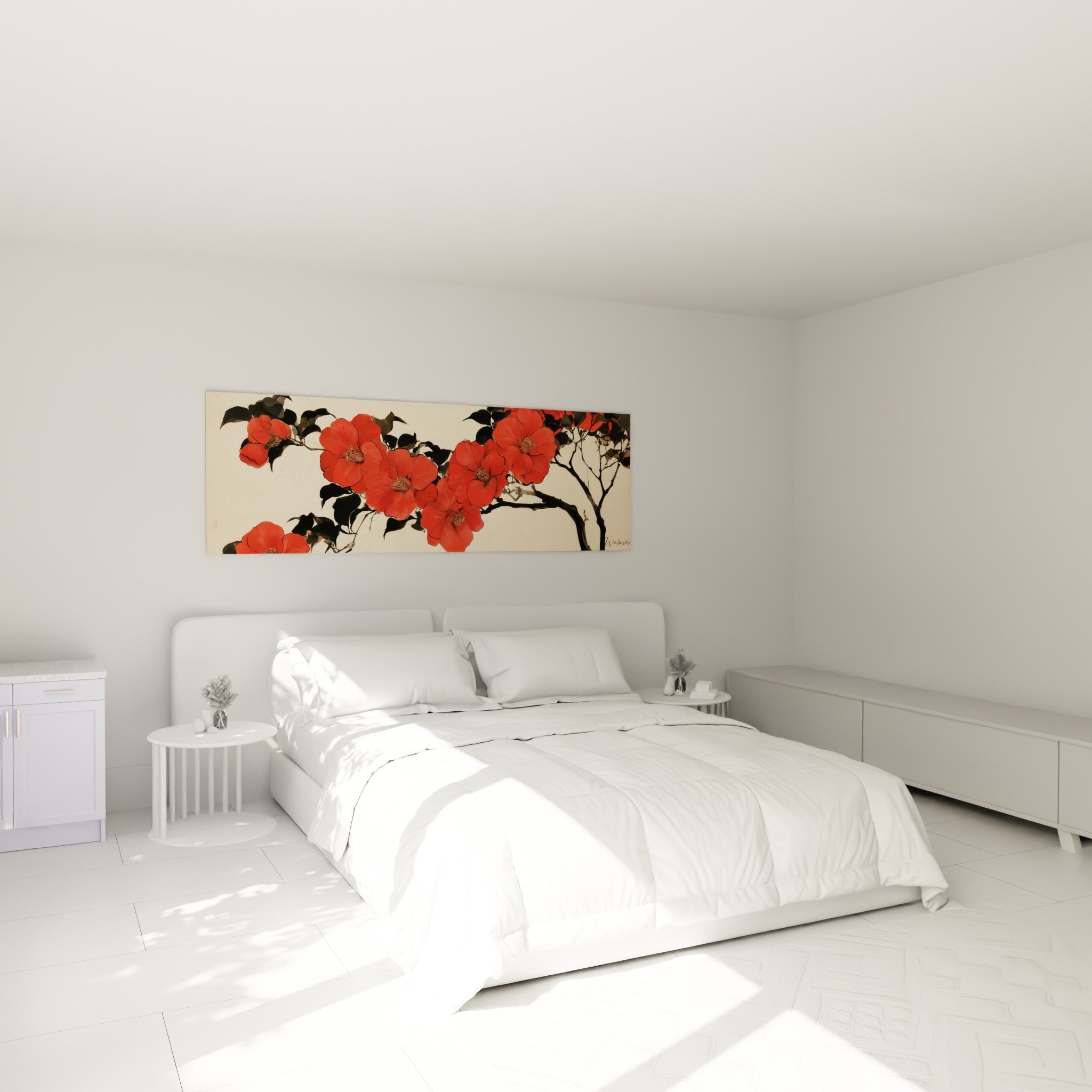 Fleurs de camélia rouge et branches noires accrochées au-dessus d'un lit dans une chambre claire