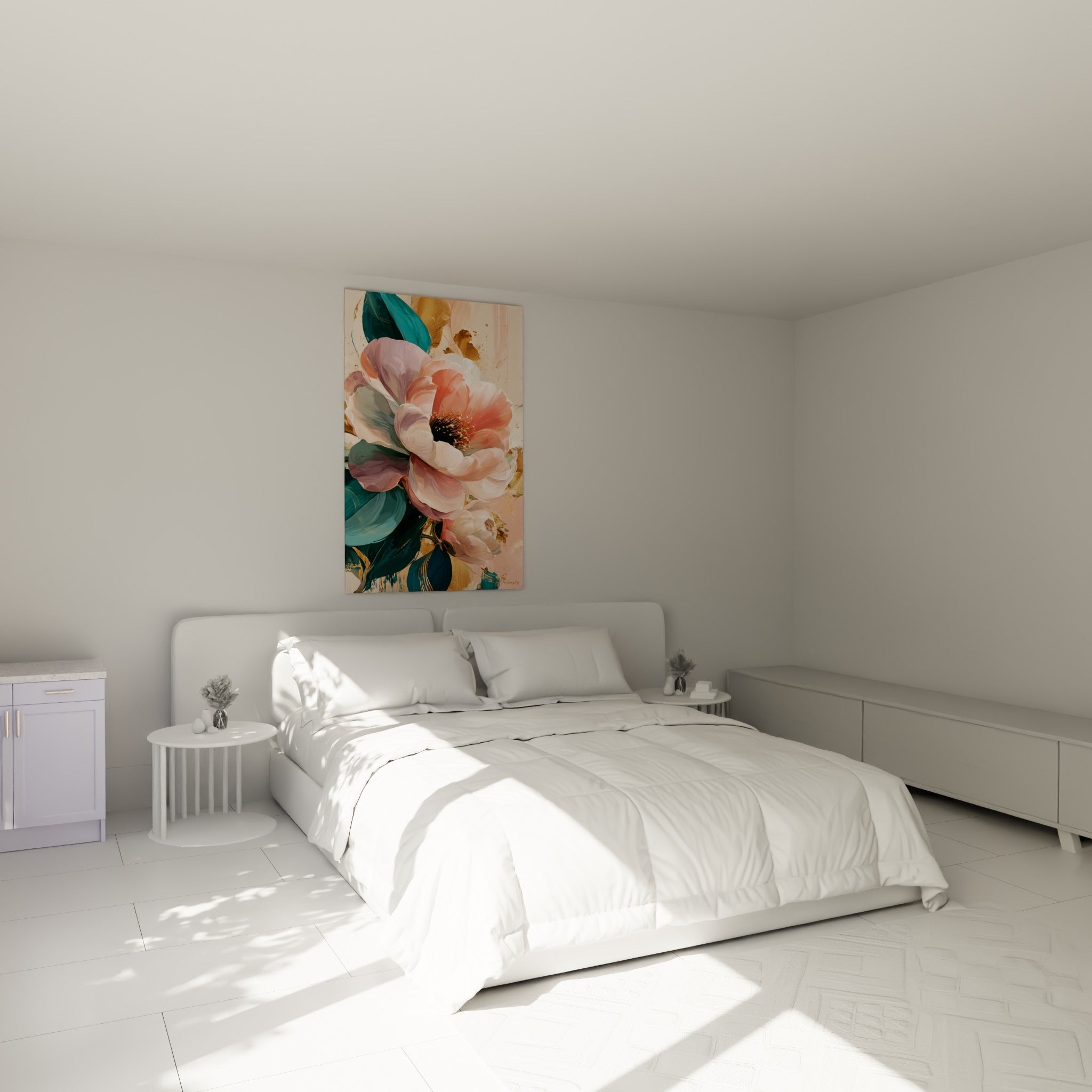 Pétales roses et blancs du camélia peint au-dessus d'un lit dans une chambre claire