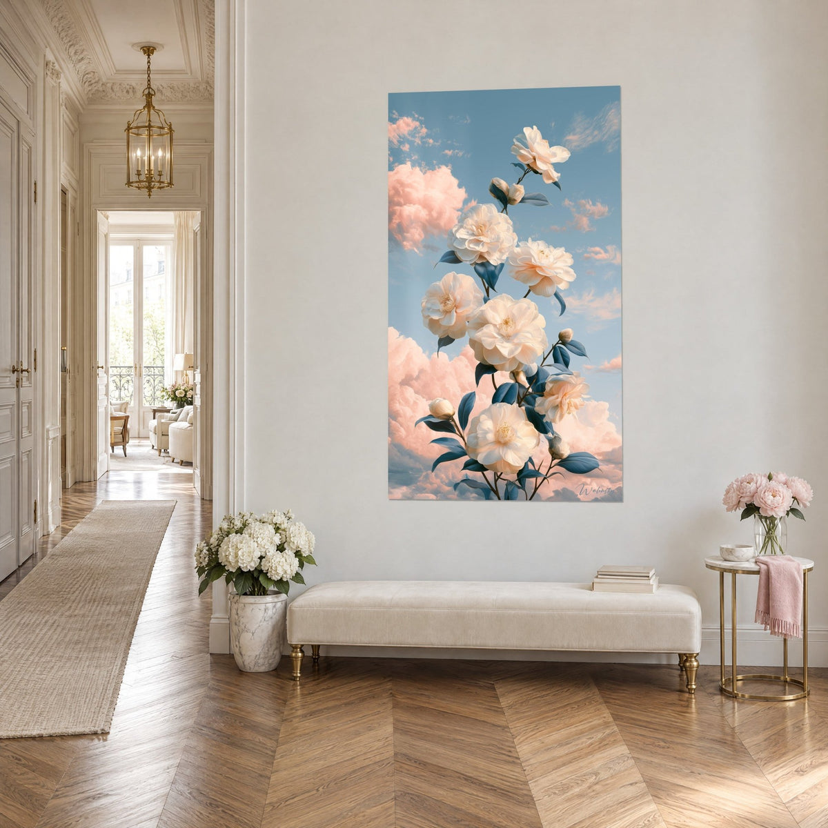 Tableau bouquet vertical de fleurs crème aux feuilles bleu pétrole, ciel azur et nuées roses, couloir haussmannien