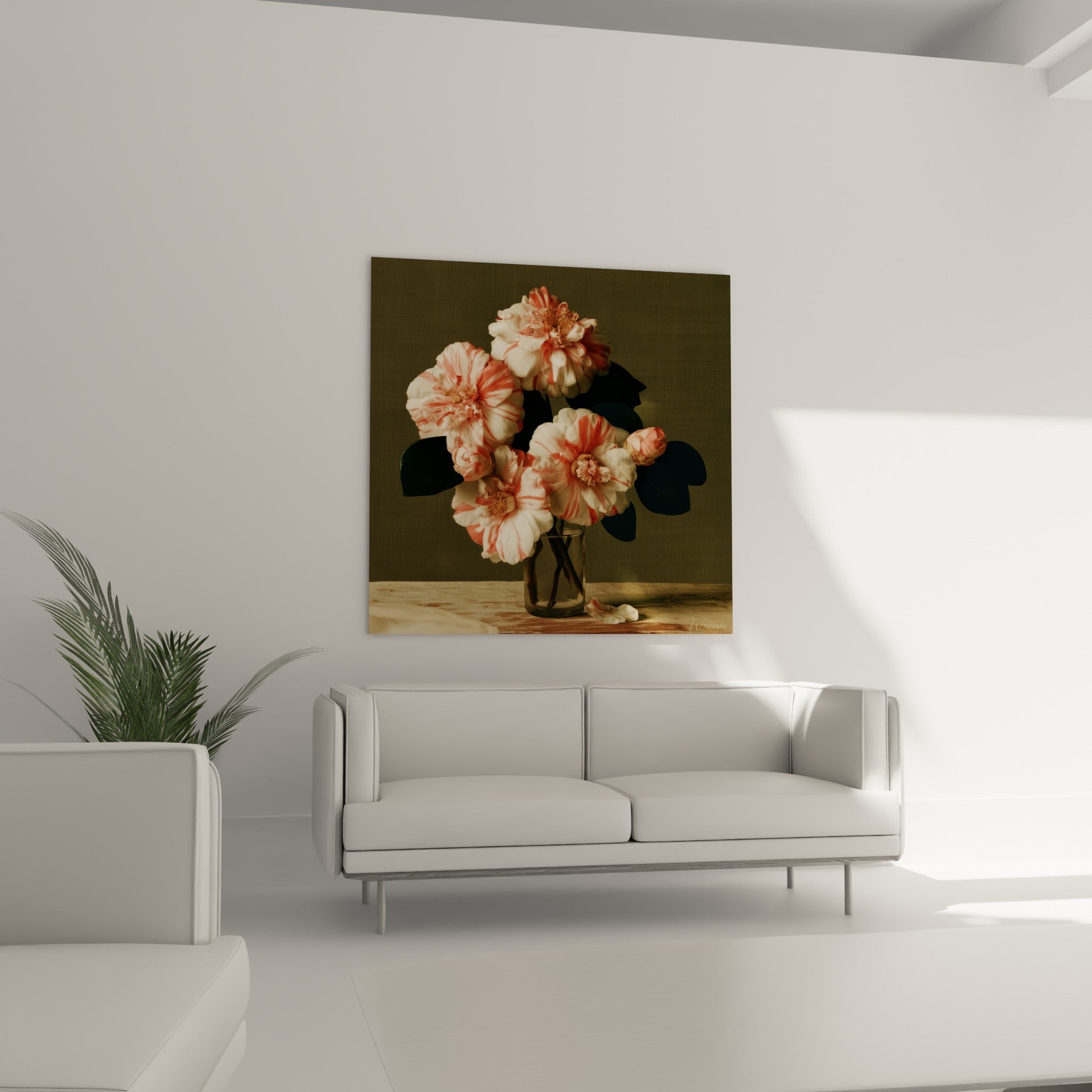 Camélias striés blancs et roses dans un vase transparent, accrochés au-dessus d'un canapé dans un salon lumineux.
