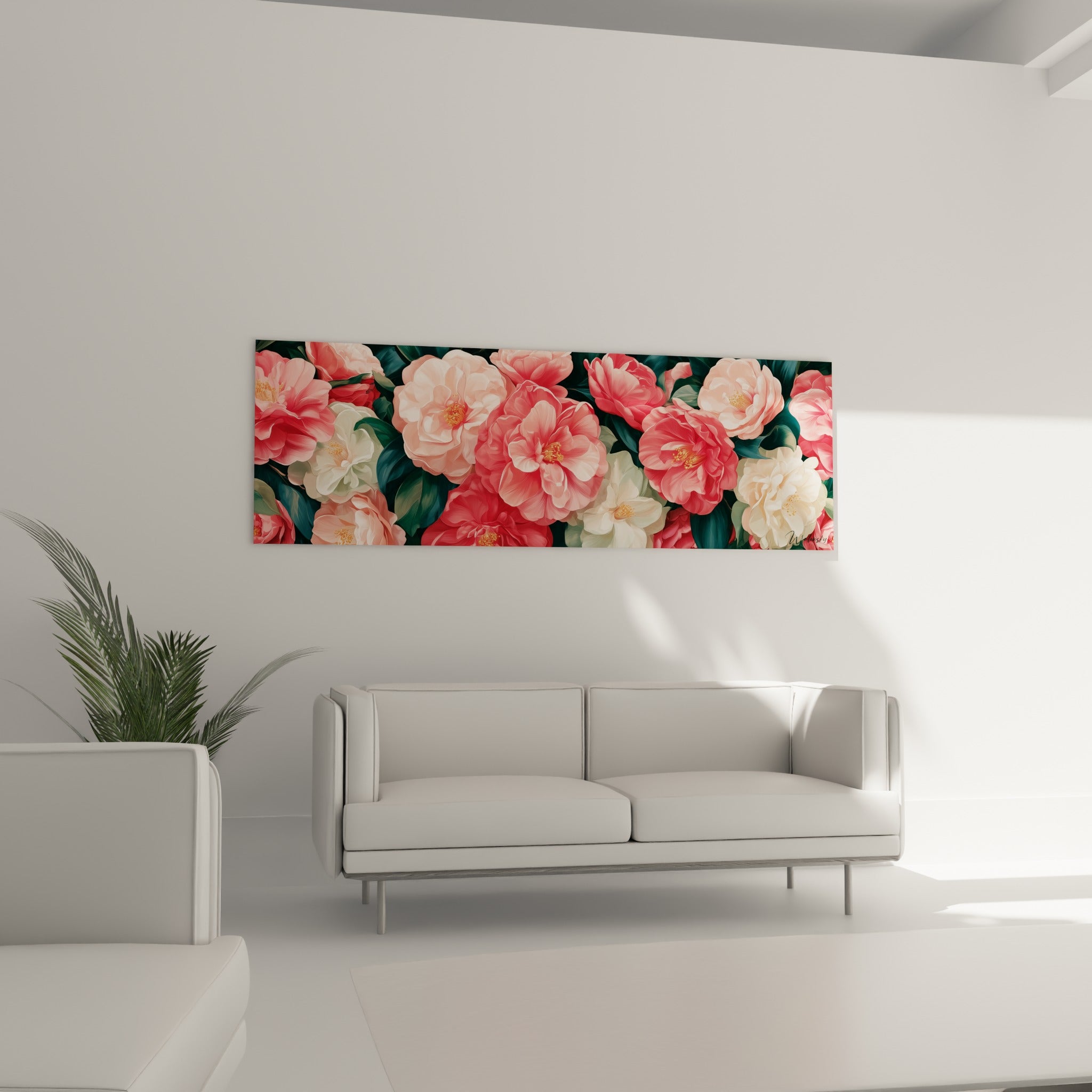 Fleurs de camélia corail et blanc ivoire aux cœurs dorés, disposées au-dessus d'un canapé dans un salon lumineux