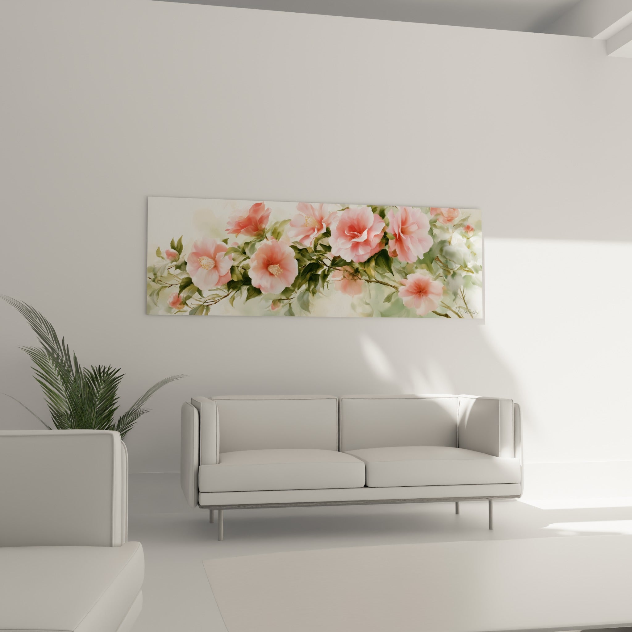 Fleurs de camélia rose pâle et vert olive, composition botanique délicate, au-dessus d'un canapé dans un salon lumineux