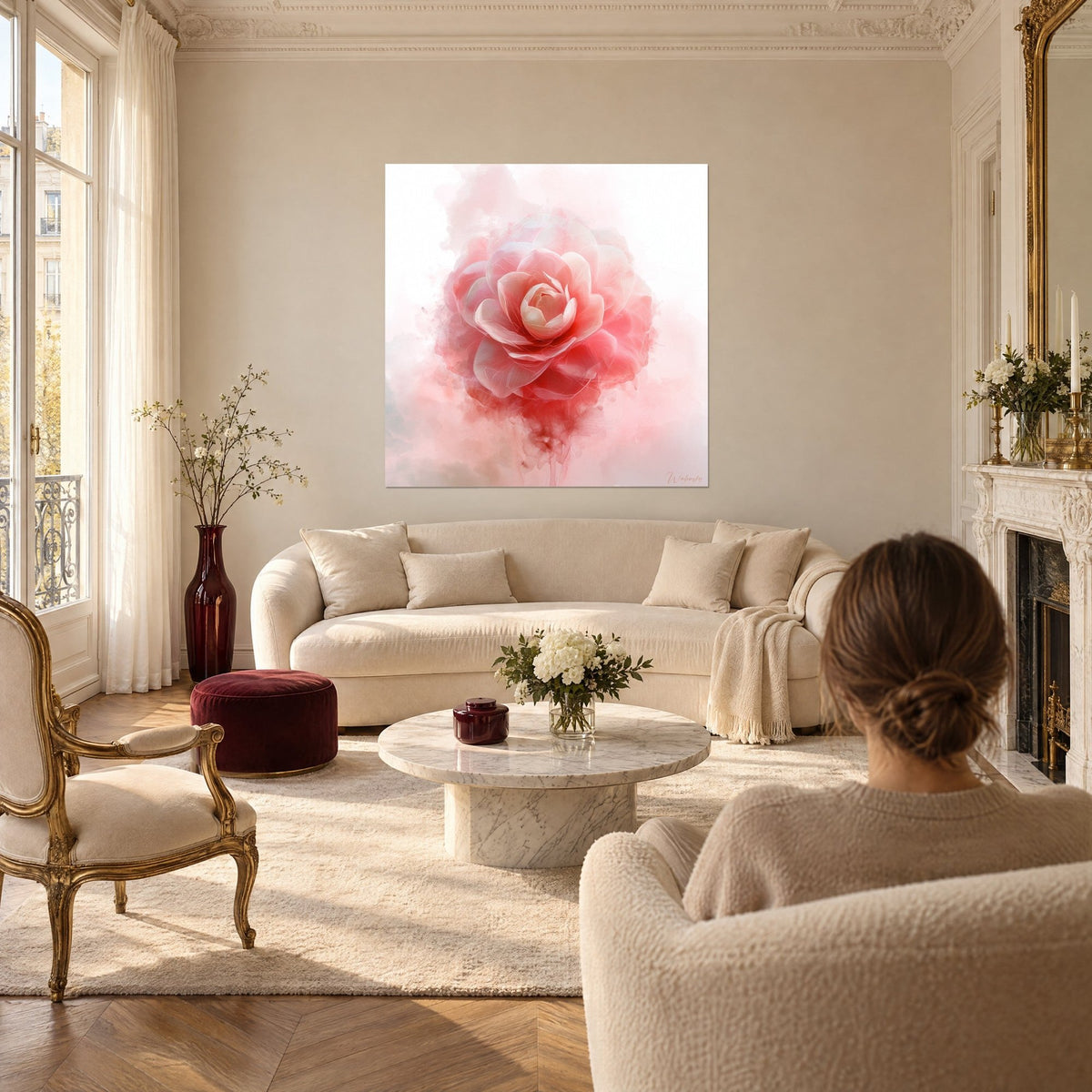 Cuadro camelia rosa y blanca de pétalos translúcidos, halo coral, una mujer de espaldas, encima de un sofá en un salón luminoso