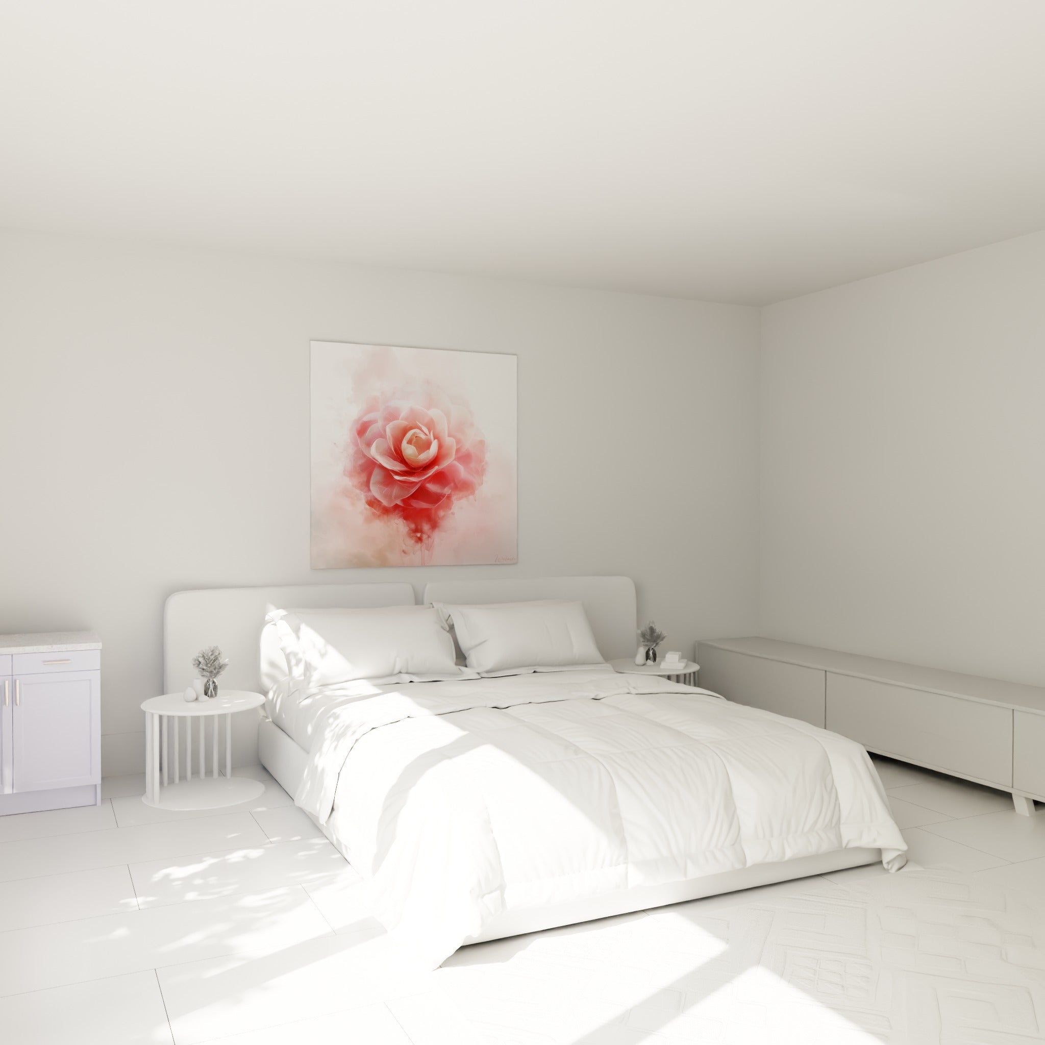 Fleur de camélia rose corail et blanche, style aquarelle, au-dessus d'un lit dans une chambre claire