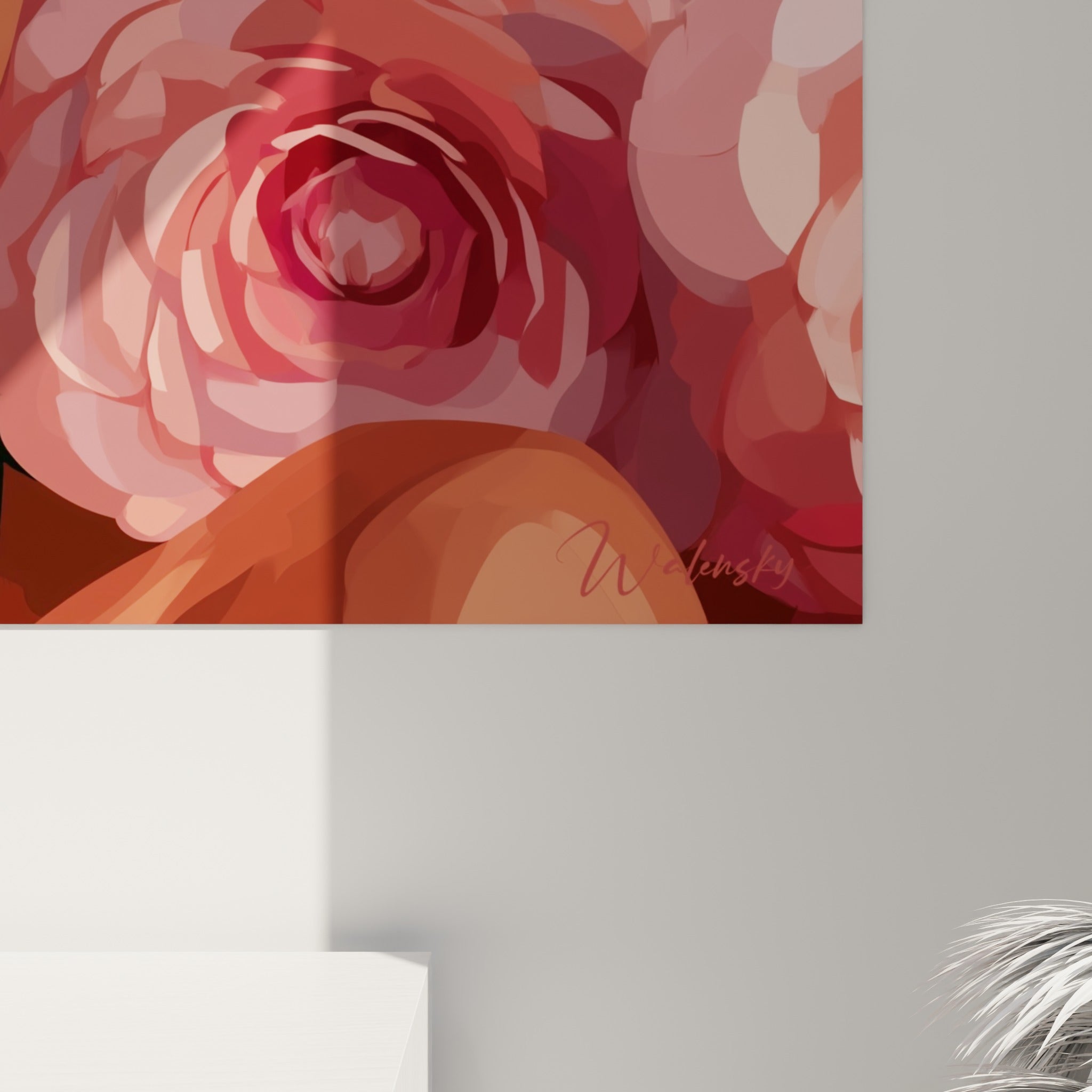 Détail des pétales roses et pêche du tableau Camélia, textures et empâtements visibles