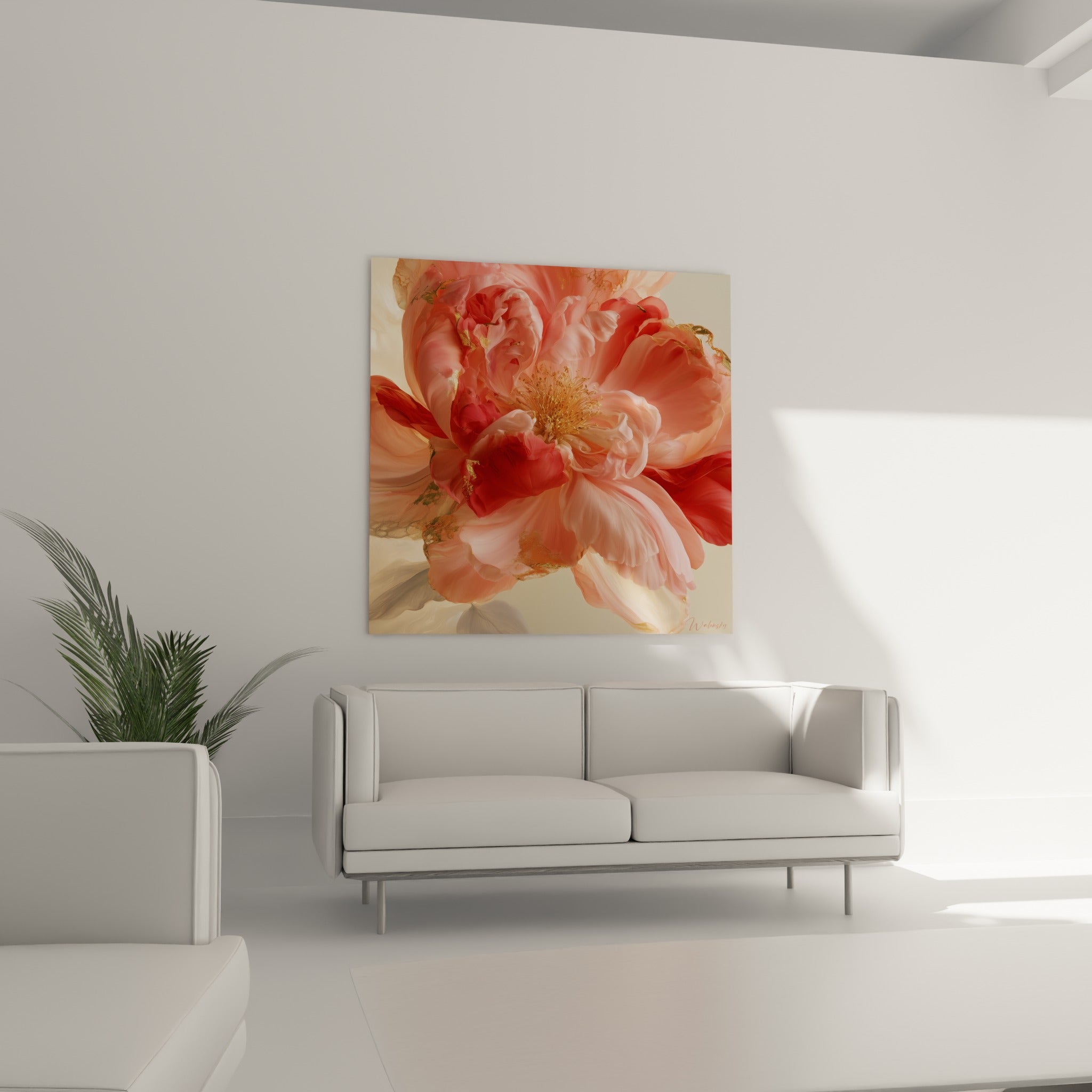 Fleur de camélia rose corail à cœur doré placée au-dessus d'un canapé dans un salon lumineux